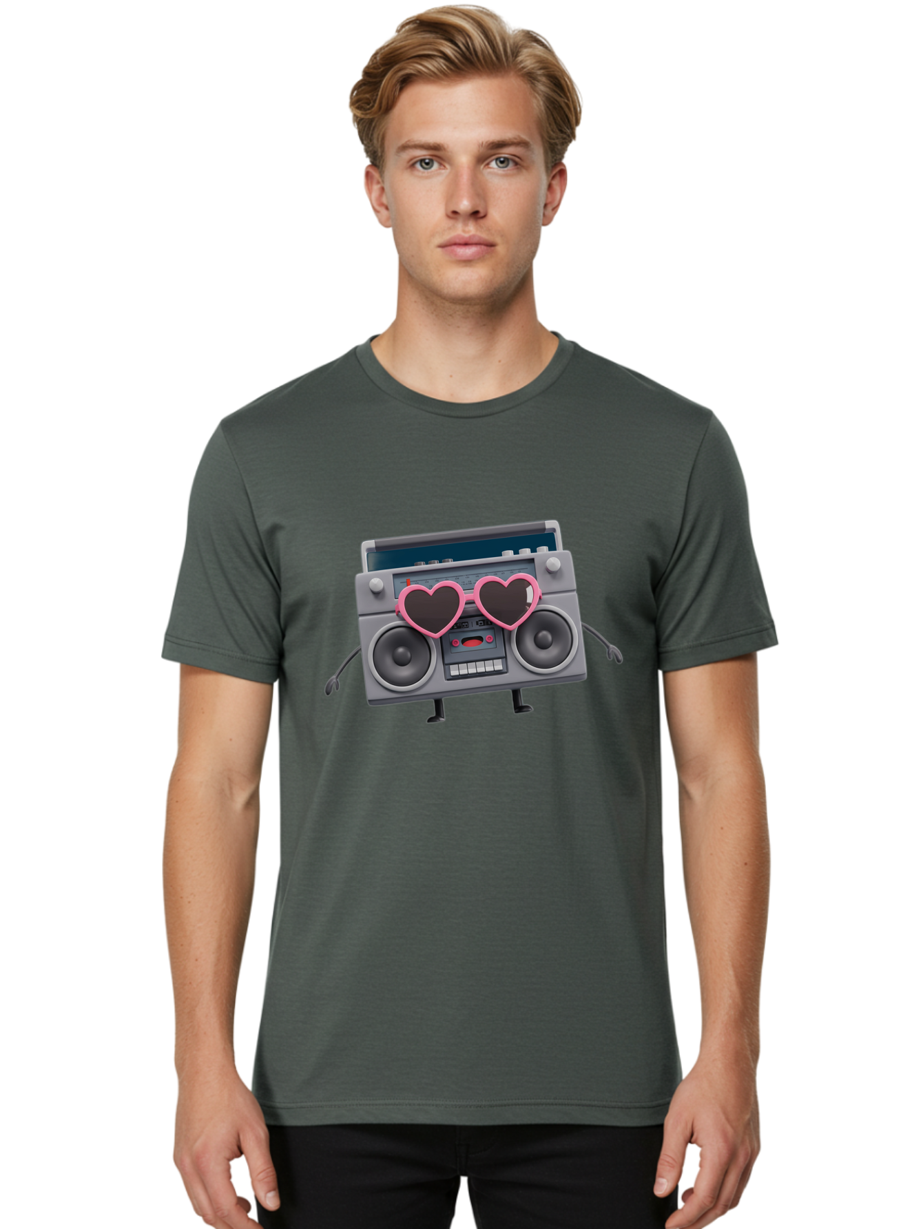 Boombox-Character-1 Men'S Graphic Tee, 100% Cotton, Comfortable Casual Summer Wear, Machine Washable, Cartoon Boombox, Retro Audio Equipment, Heart-Shaped Sunglasses, Funky Character Design, Anthropomorphic Boombox, Nostalgic Music Player, Baa188