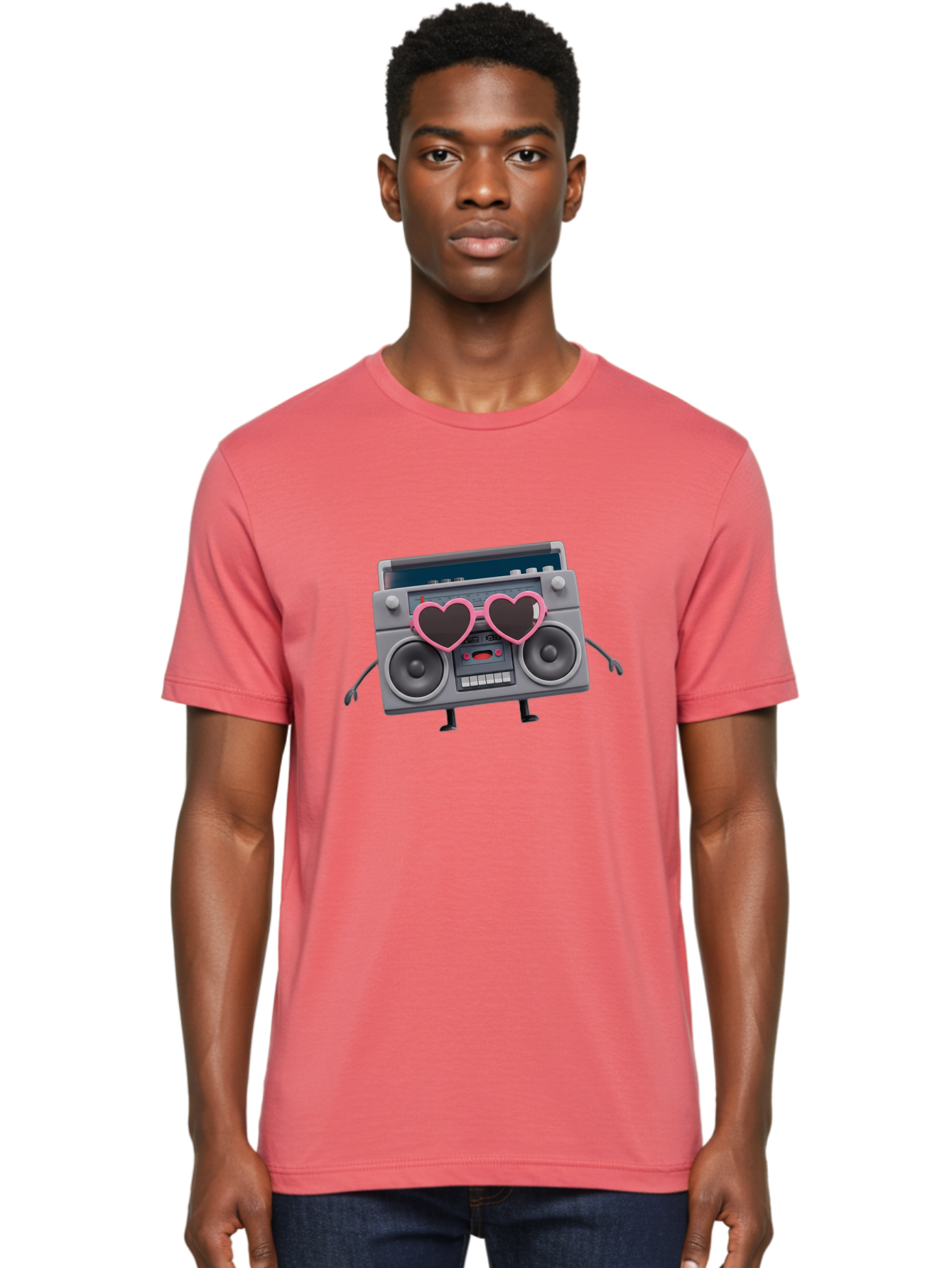 Boombox-Character-1 Men'S Graphic Tee, 100% Cotton, Comfortable Casual Summer Wear, Machine Washable, Cartoon Boombox, Retro Audio Equipment, Heart-Shaped Sunglasses, Funky Character Design, Anthropomorphic Boombox, Nostalgic Music Player, Baa188