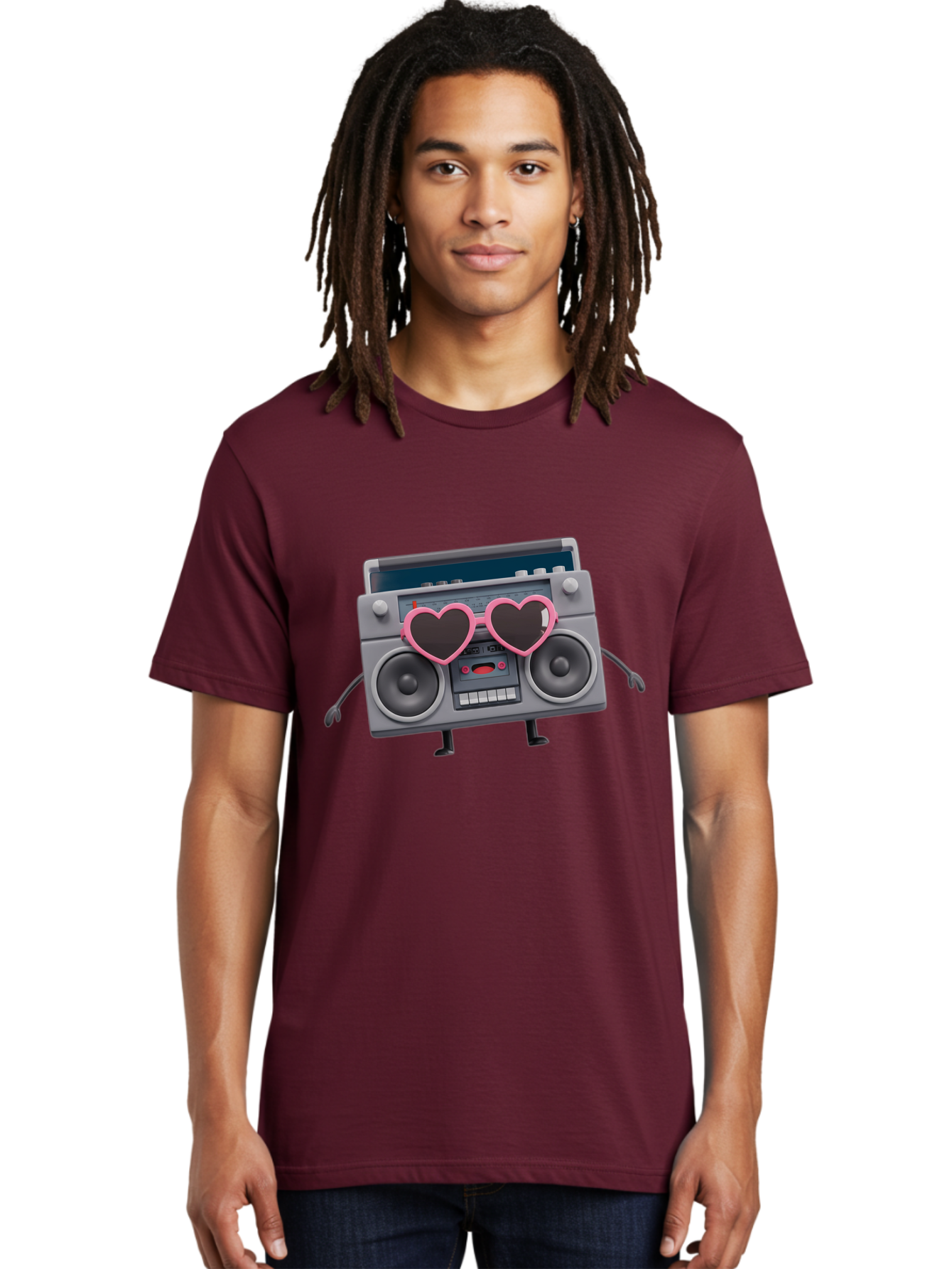 Boombox-Character-1 Men'S Graphic Tee, 100% Cotton, Comfortable Casual Summer Wear, Machine Washable, Cartoon Boombox, Retro Audio Equipment, Heart-Shaped Sunglasses, Funky Character Design, Anthropomorphic Boombox, Nostalgic Music Player, Baa188
