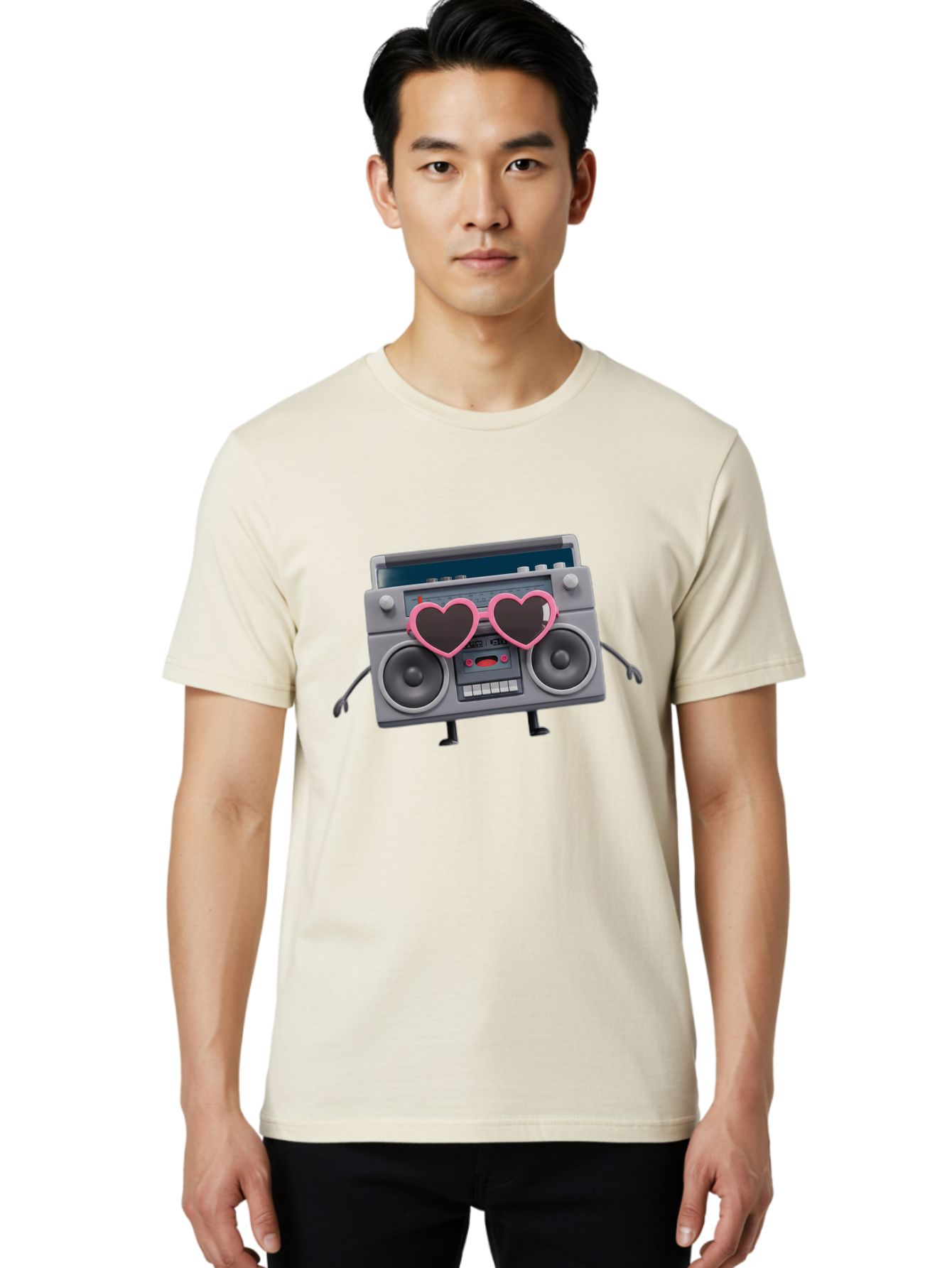 Boombox-Character-1 Men'S Graphic Tee, 100% Cotton, Comfortable Casual Summer Wear, Machine Washable, Cartoon Boombox, Retro Audio Equipment, Heart-Shaped Sunglasses, Funky Character Design, Anthropomorphic Boombox, Nostalgic Music Player, Baa188