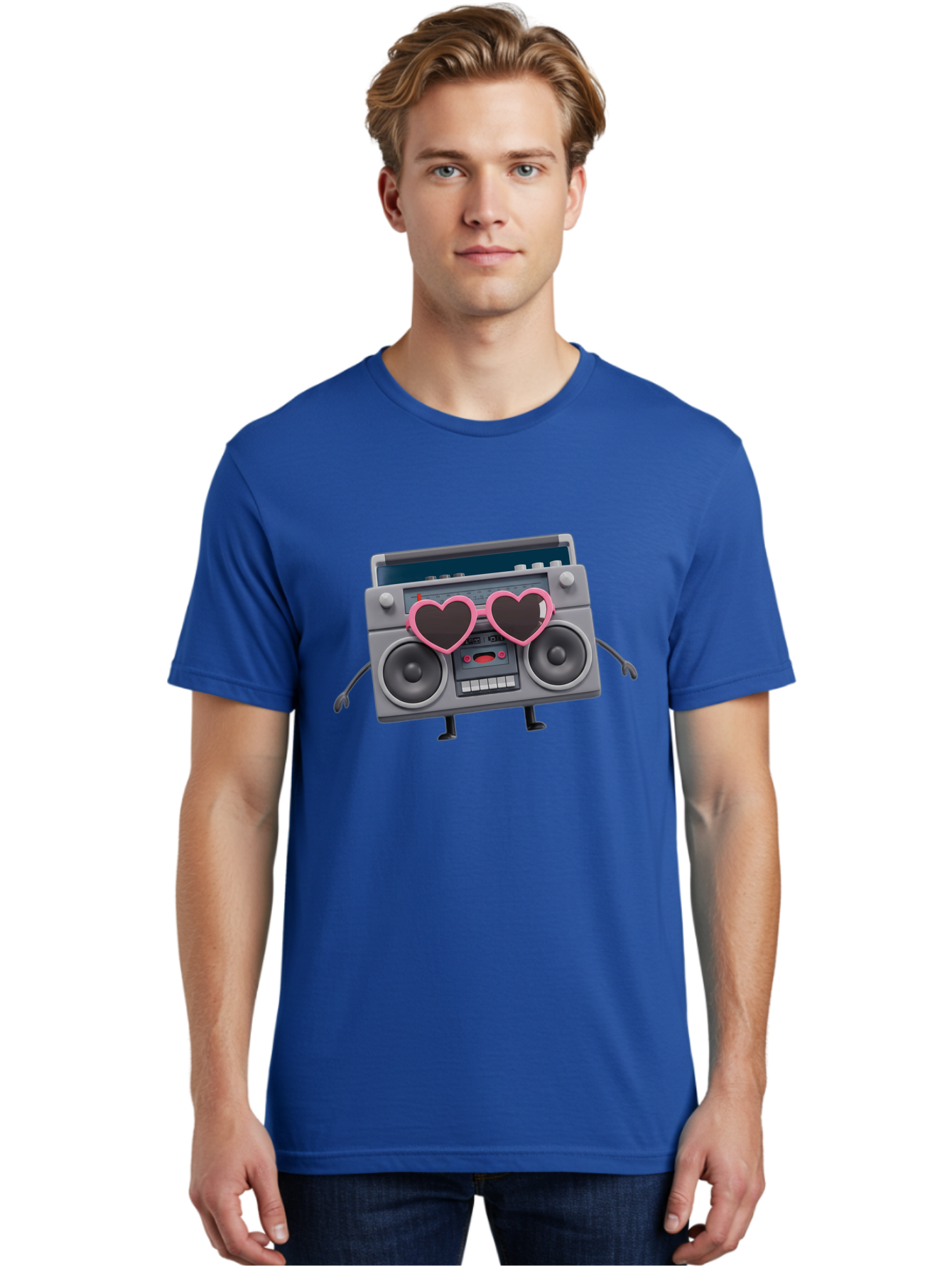 Boombox-Character-1 Men'S Graphic Tee, 100% Cotton, Comfortable Casual Summer Wear, Machine Washable, Cartoon Boombox, Retro Audio Equipment, Heart-Shaped Sunglasses, Funky Character Design, Anthropomorphic Boombox, Nostalgic Music Player, Baa188