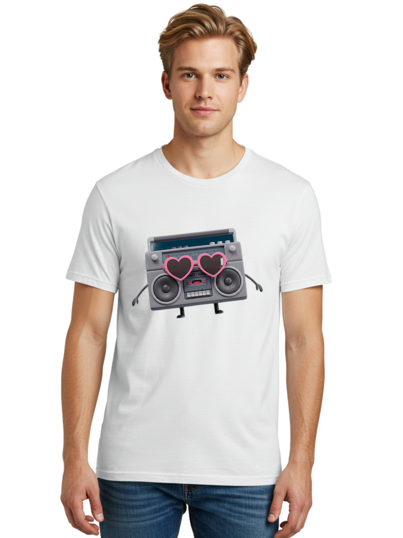 Boombox-Character-1 Men'S Graphic Tee, 100% Cotton, Comfortable Casual Summer Wear, Machine Washable, Cartoon Boombox, Retro Audio Equipment, Heart-Shaped Sunglasses, Funky Character Design, Anthropomorphic Boombox, Nostalgic Music Player, Baa188
