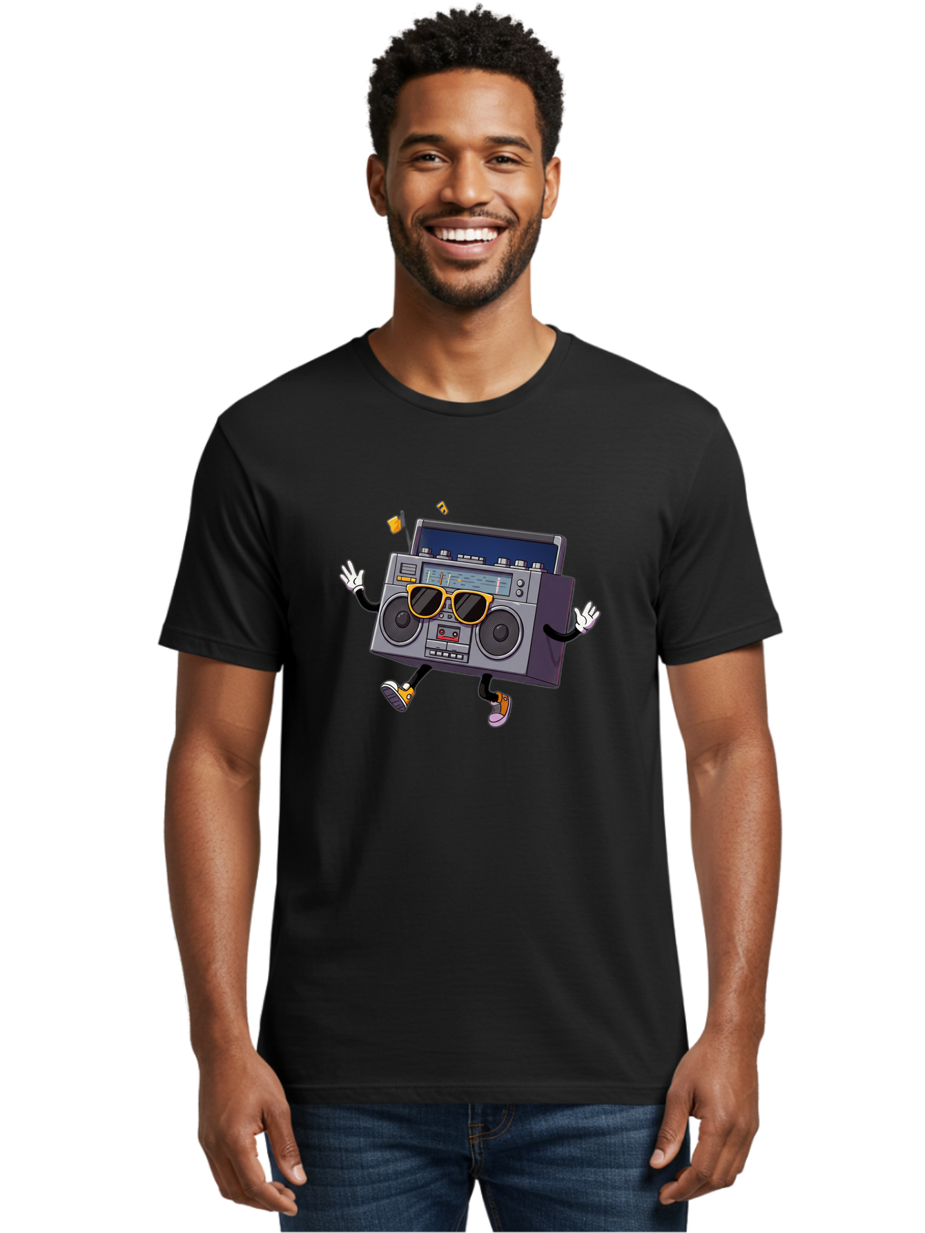 Boombox-Character-2 Men'S Graphic Tee, 100% Cotton, Comfortable Casual Summer Wear, Machine Washable, Vintage Boombox, Retro Style, Cool Shades, Funky Attitude, Dj Vibes, Music Beats, Cassette Player, Nostalgic Feel, Fun Graphics, Baa189