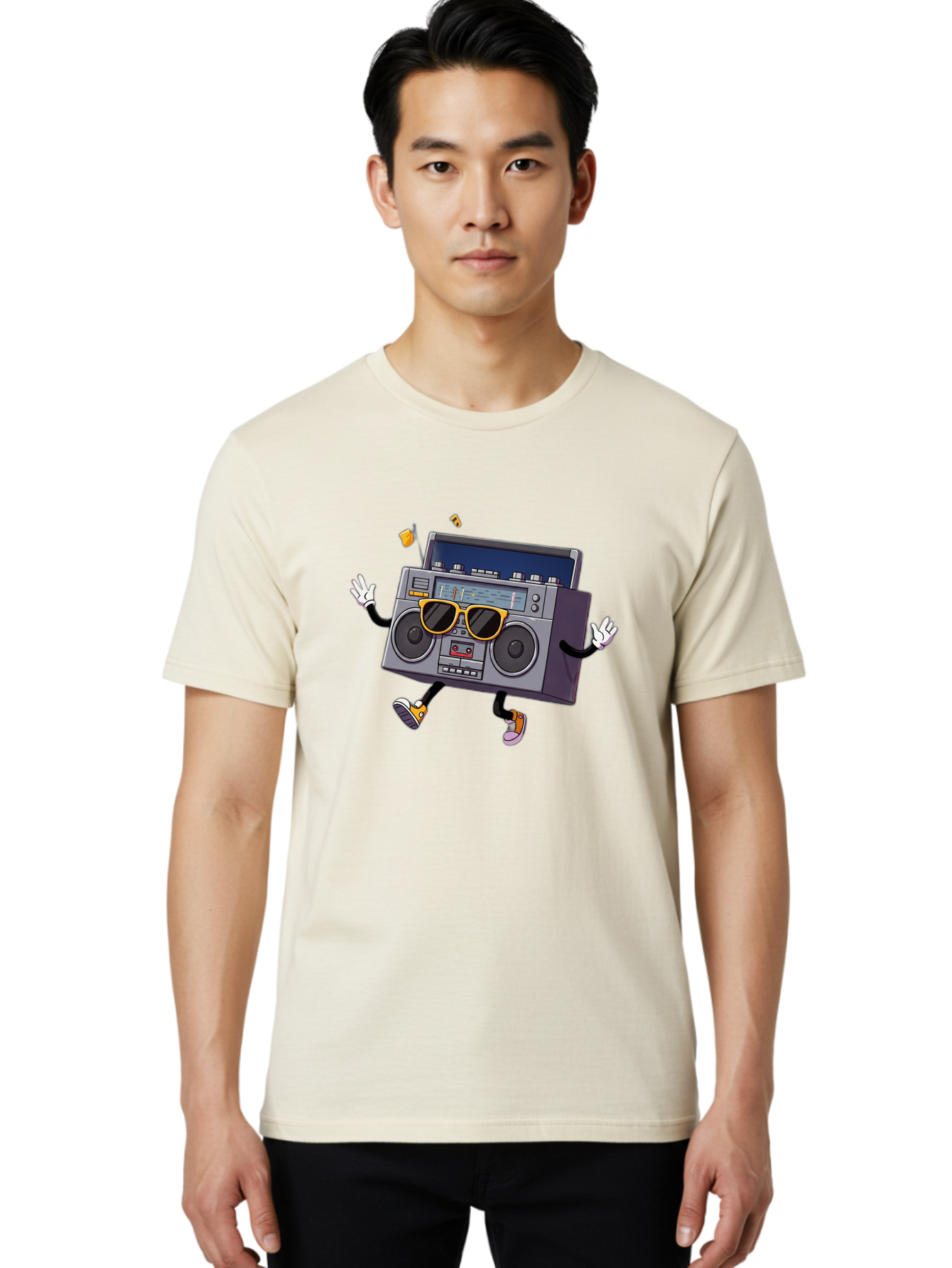 Boombox-Character-2 Men'S Graphic Tee, 100% Cotton, Comfortable Casual Summer Wear, Machine Washable, Vintage Boombox, Retro Style, Cool Shades, Funky Attitude, Dj Vibes, Music Beats, Cassette Player, Nostalgic Feel, Fun Graphics, Baa189