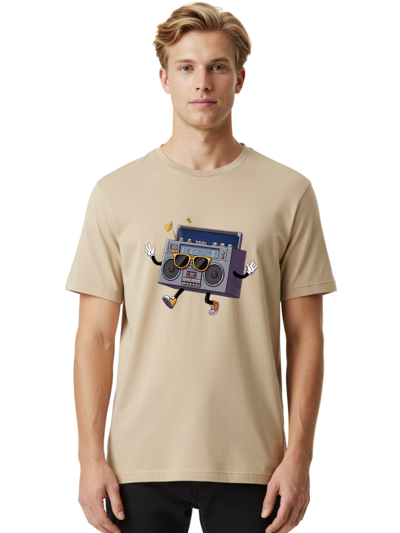 Boombox-Character-2 Men'S Graphic Tee, 100% Cotton, Comfortable Casual Summer Wear, Machine Washable, Vintage Boombox, Retro Style, Cool Shades, Funky Attitude, Dj Vibes, Music Beats, Cassette Player, Nostalgic Feel, Fun Graphics, Baa189