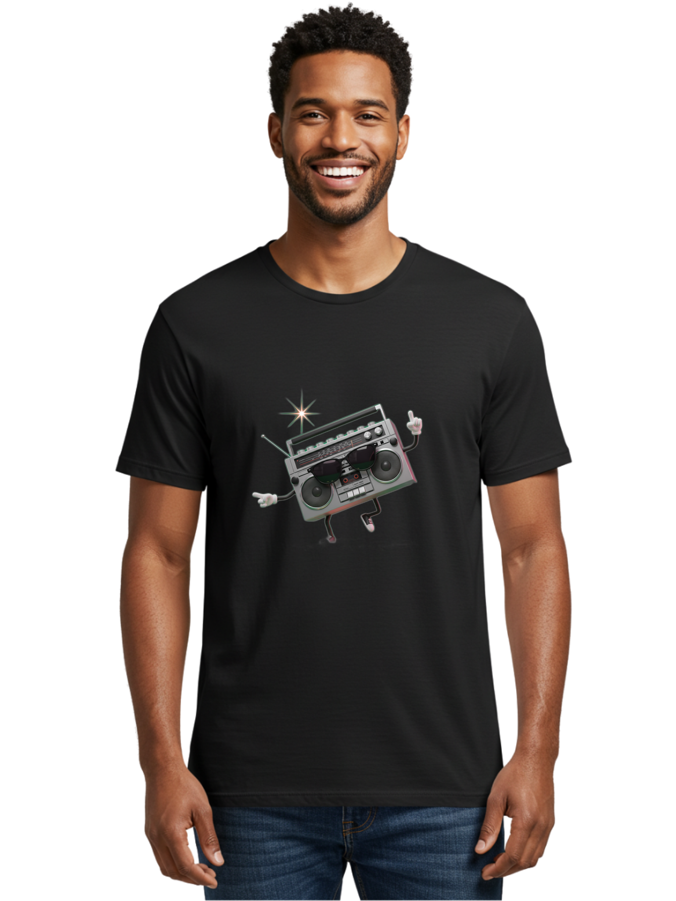 Boombox-Character-3 Men'S Graphic Tee, 100% Cotton, Comfortable Casual Summer Wear, Machine Washable, Cartoon Boombox, Retro Technology, Vintage Music, Nostalgic Vibes, Funky Character, Thumbs Up, Starburst Effect, Playful Design, Baa190