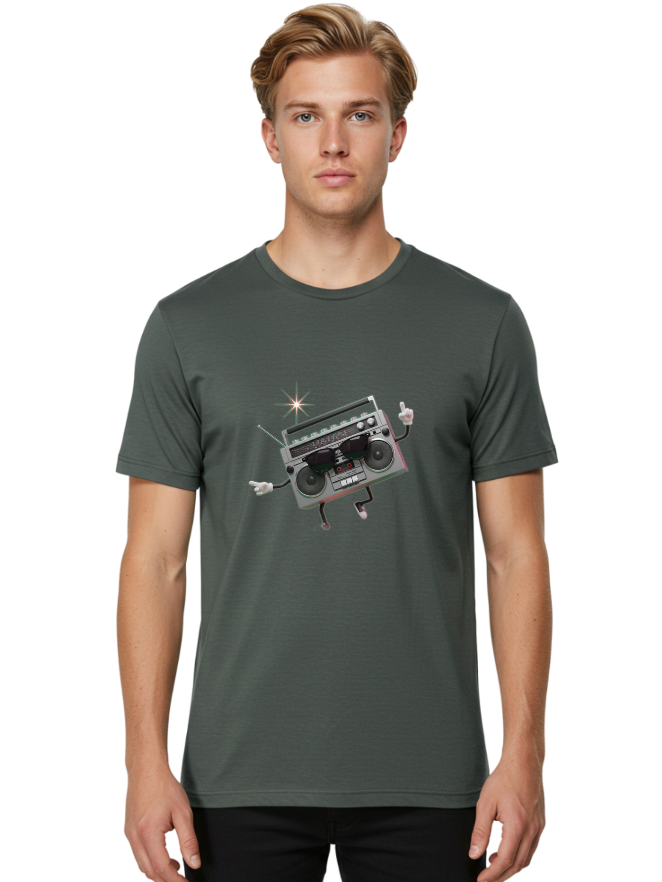 Boombox-Character-3 Men'S Graphic Tee, 100% Cotton, Comfortable Casual Summer Wear, Machine Washable, Cartoon Boombox, Retro Technology, Vintage Music, Nostalgic Vibes, Funky Character, Thumbs Up, Starburst Effect, Playful Design, Baa190