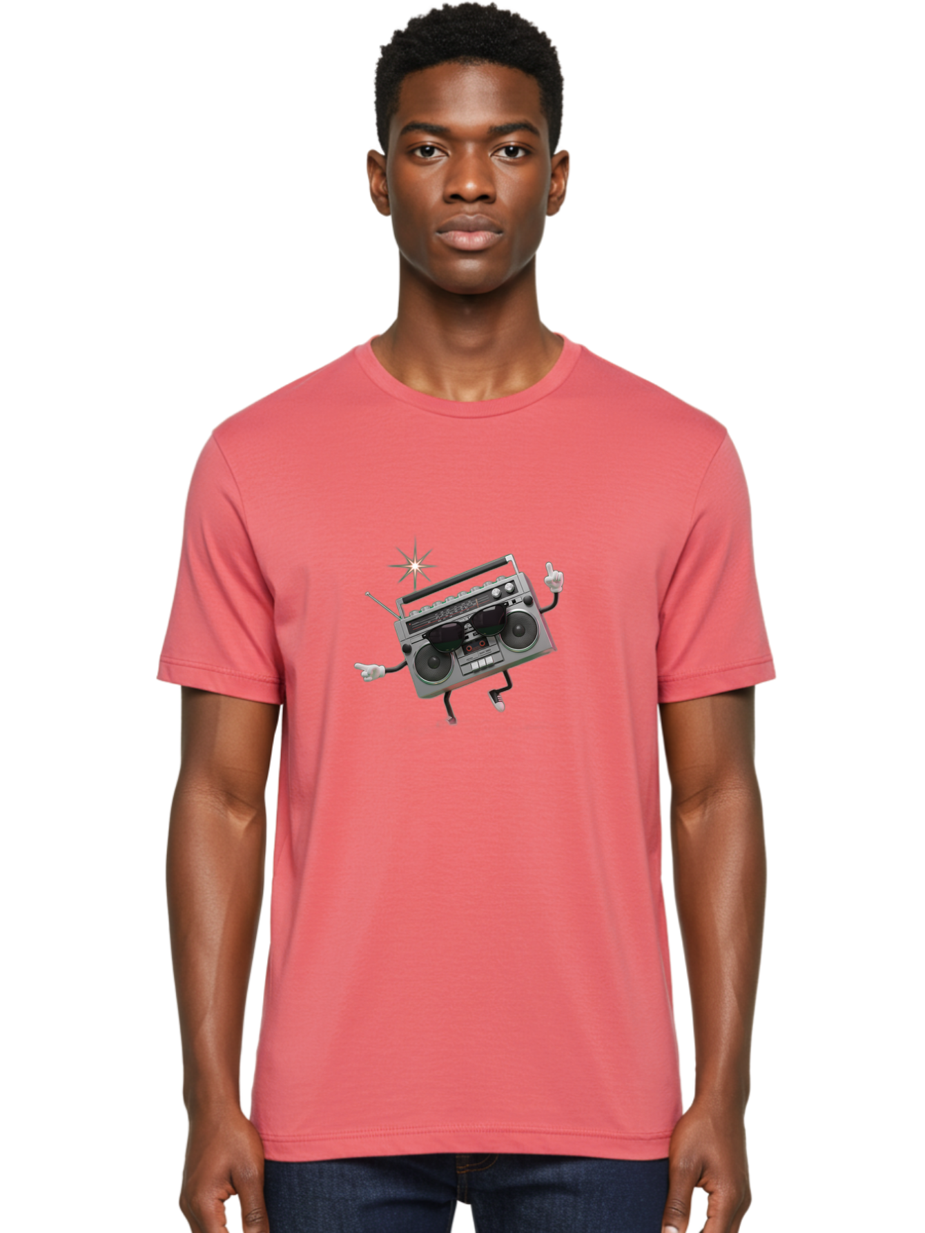 Boombox-Character-3 Men'S Graphic Tee, 100% Cotton, Comfortable Casual Summer Wear, Machine Washable, Cartoon Boombox, Retro Technology, Vintage Music, Nostalgic Vibes, Funky Character, Thumbs Up, Starburst Effect, Playful Design, Baa190