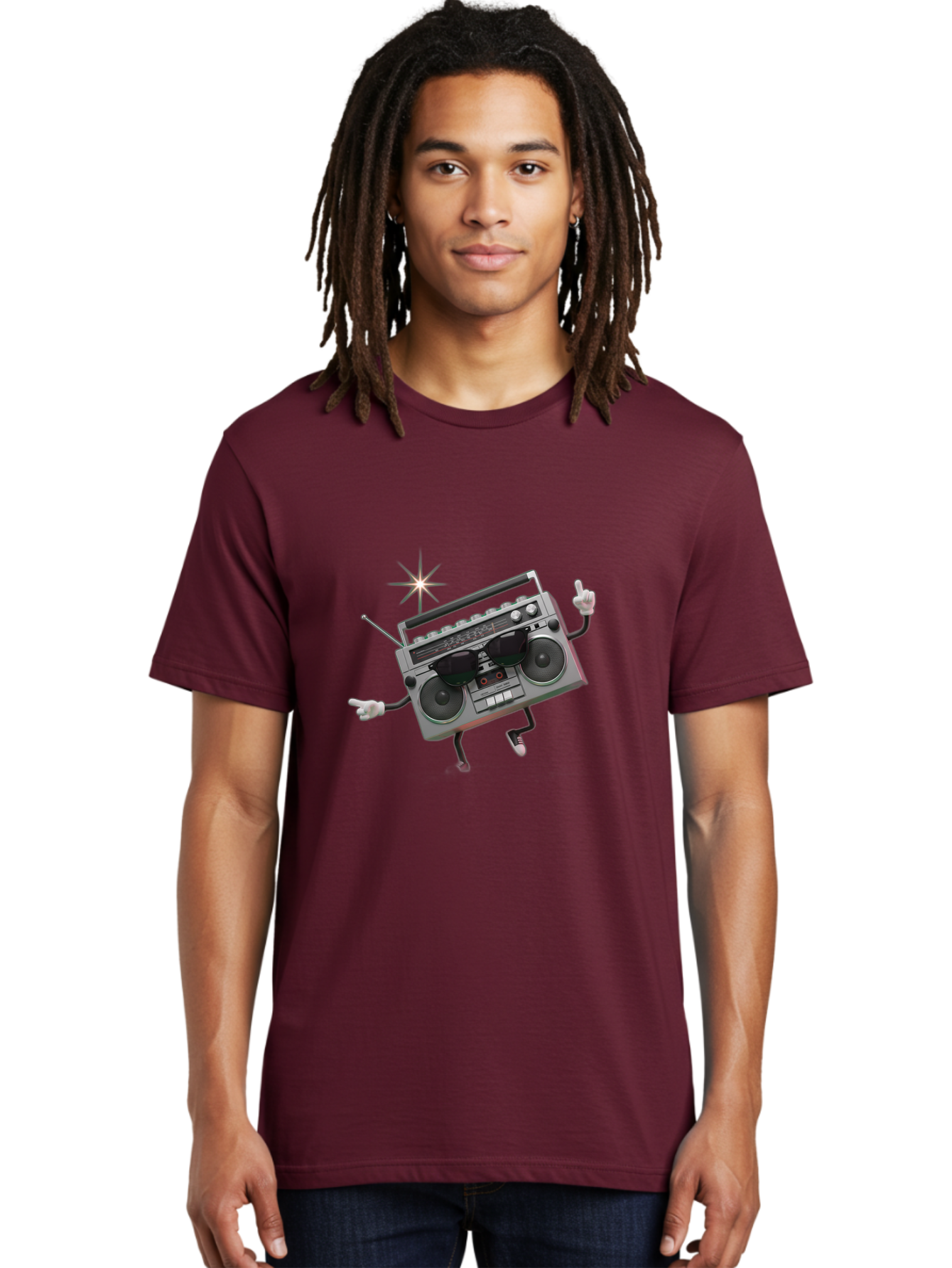 Boombox-Character-3 Men'S Graphic Tee, 100% Cotton, Comfortable Casual Summer Wear, Machine Washable, Cartoon Boombox, Retro Technology, Vintage Music, Nostalgic Vibes, Funky Character, Thumbs Up, Starburst Effect, Playful Design, Baa190