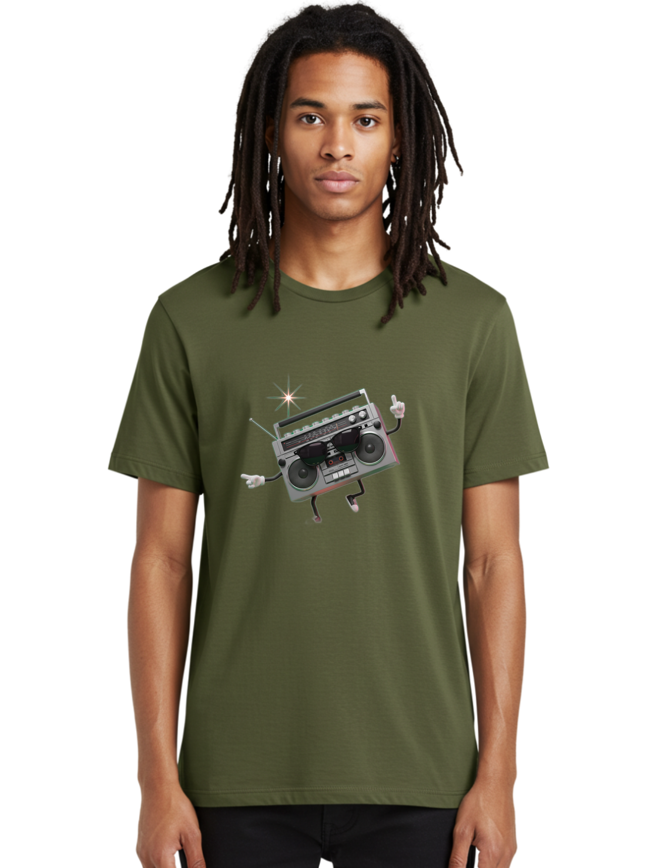 Boombox-Character-3 Men'S Graphic Tee, 100% Cotton, Comfortable Casual Summer Wear, Machine Washable, Cartoon Boombox, Retro Technology, Vintage Music, Nostalgic Vibes, Funky Character, Thumbs Up, Starburst Effect, Playful Design, Baa190