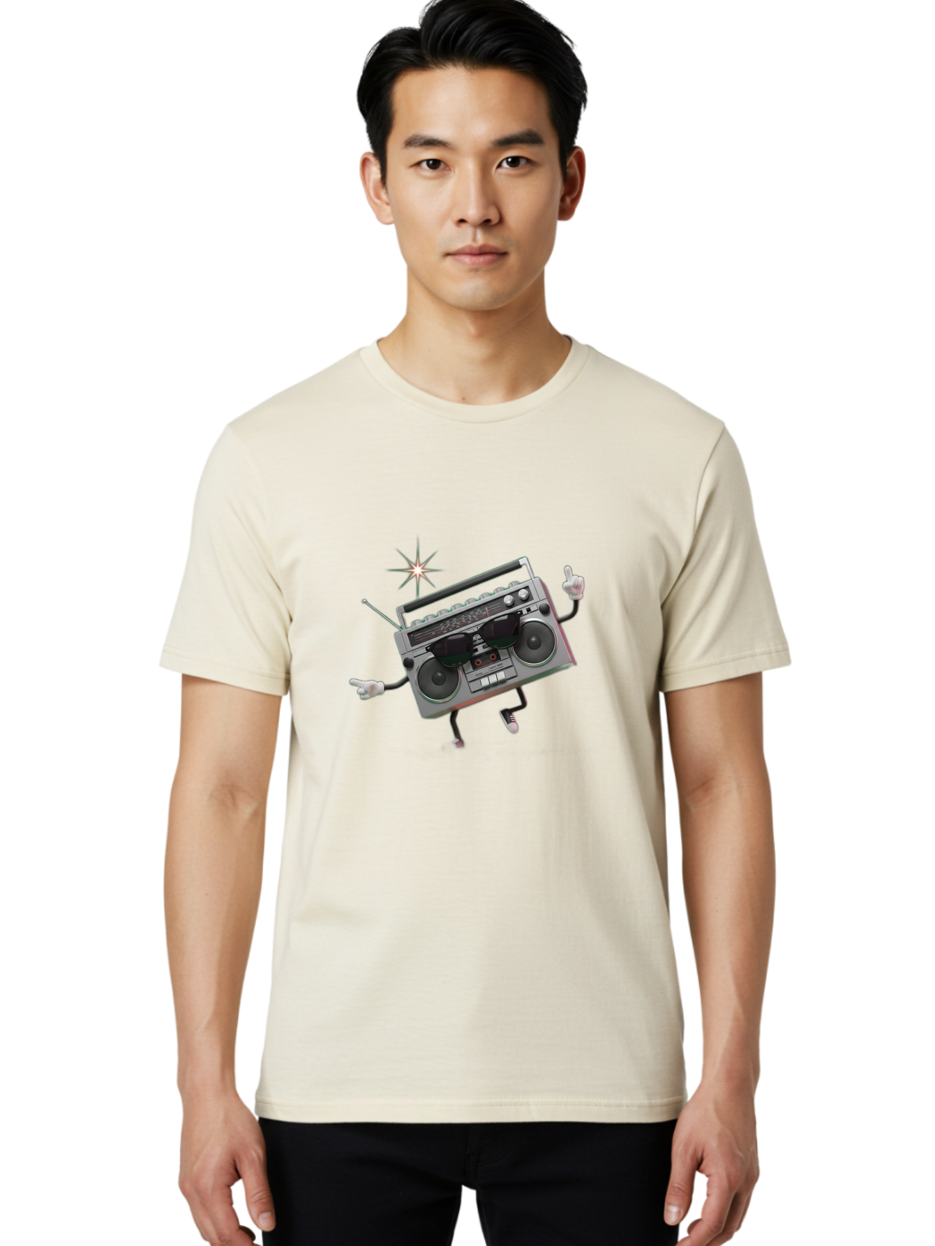 Boombox-Character-3 Men'S Graphic Tee, 100% Cotton, Comfortable Casual Summer Wear, Machine Washable, Cartoon Boombox, Retro Technology, Vintage Music, Nostalgic Vibes, Funky Character, Thumbs Up, Starburst Effect, Playful Design, Baa190
