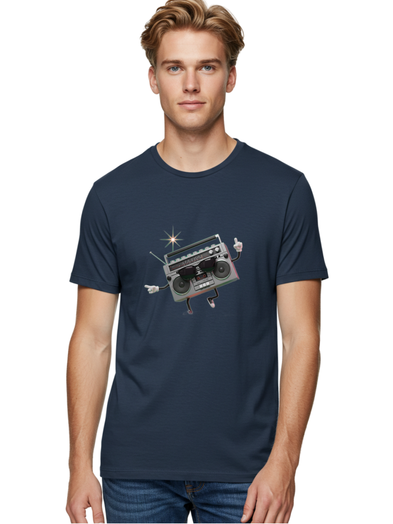 Boombox-Character-3 Men'S Graphic Tee, 100% Cotton, Comfortable Casual Summer Wear, Machine Washable, Cartoon Boombox, Retro Technology, Vintage Music, Nostalgic Vibes, Funky Character, Thumbs Up, Starburst Effect, Playful Design, Baa190
