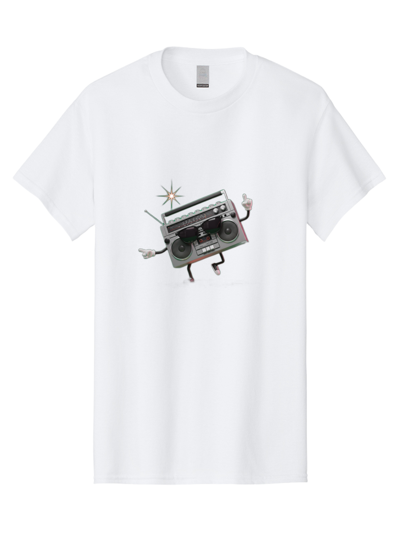 Boombox-Character-3 Men'S Graphic Tee, 100% Cotton, Comfortable Casual Summer Wear, Machine Washable, Cartoon Boombox, Retro Technology, Vintage Music, Nostalgic Vibes, Funky Character, Thumbs Up, Starburst Effect, Playful Design, Baa190