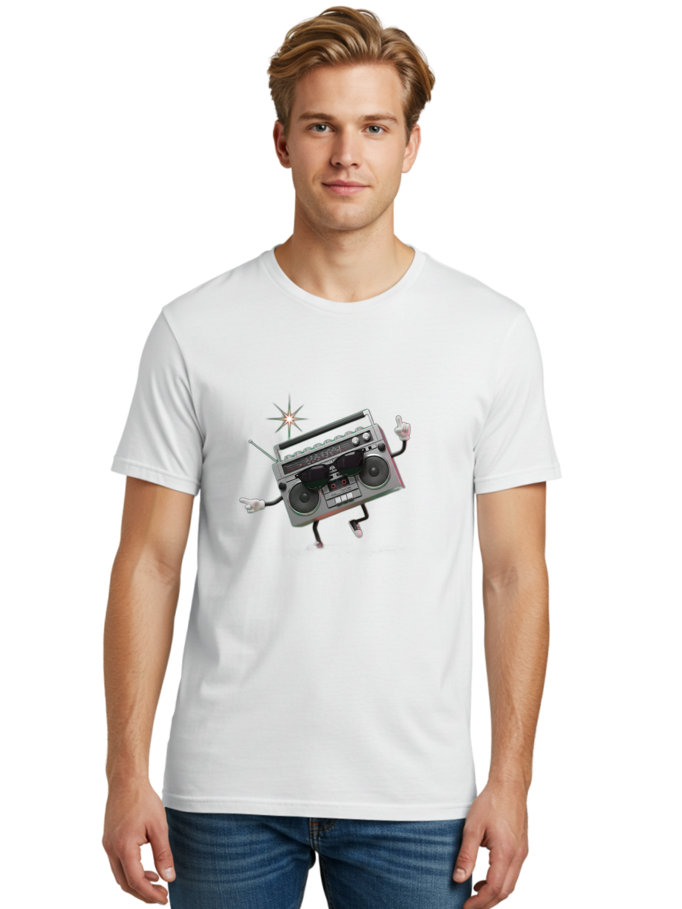 Boombox-Character-3 Men'S Graphic Tee, 100% Cotton, Comfortable Casual Summer Wear, Machine Washable, Cartoon Boombox, Retro Technology, Vintage Music, Nostalgic Vibes, Funky Character, Thumbs Up, Starburst Effect, Playful Design, Baa190
