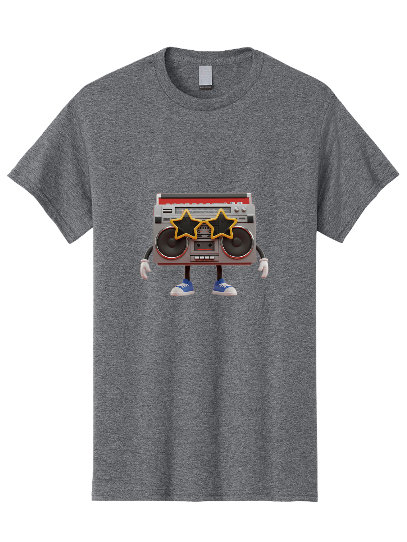 Boombox-Character Men'S Graphic Tee, 100% Cotton, Comfortable Casual Summer Wear, Machine Washable, Cartoon Boombox, Anthropomorphic Design, Retro Music Player, Black Stars, Blue Sneakers, White Gloves, Nostalgic Vibe, Funky Character, Baa191
