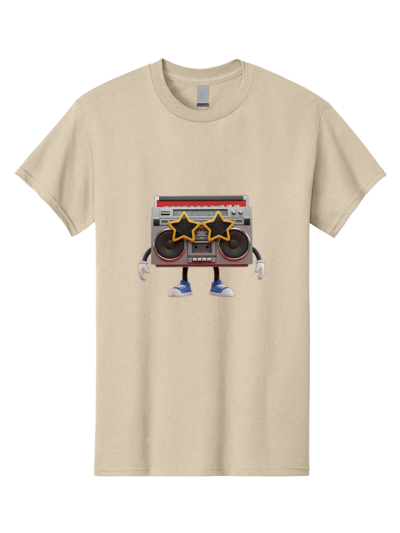 Boombox-Character Men'S Graphic Tee, 100% Cotton, Comfortable Casual Summer Wear, Machine Washable, Cartoon Boombox, Anthropomorphic Design, Retro Music Player, Black Stars, Blue Sneakers, White Gloves, Nostalgic Vibe, Funky Character, Baa191