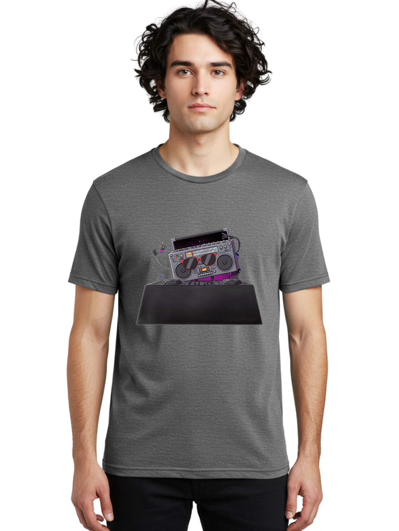 Boombox-Dj-Setup Men'S Graphic Tee, 100% Cotton, Comfortable Casual Summer Wear, Machine Washable, Retro Boombox, Dj Equipment, Music Setup, Vinyl Records, Turntables, Earbuds, Nostalgic Vibes, Electronic Music, Disco Era, Cassette Player Baa192