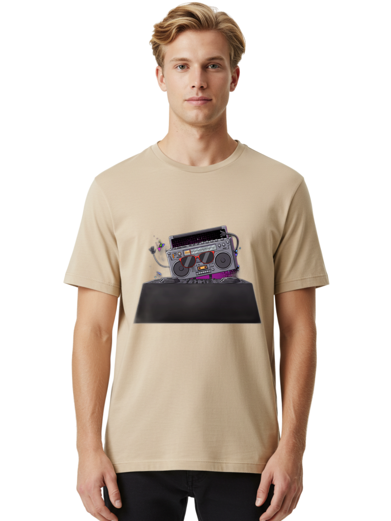 Boombox-Dj-Setup Men'S Graphic Tee, 100% Cotton, Comfortable Casual Summer Wear, Machine Washable, Retro Boombox, Dj Equipment, Music Setup, Vinyl Records, Turntables, Earbuds, Nostalgic Vibes, Electronic Music, Disco Era, Cassette Player Baa192