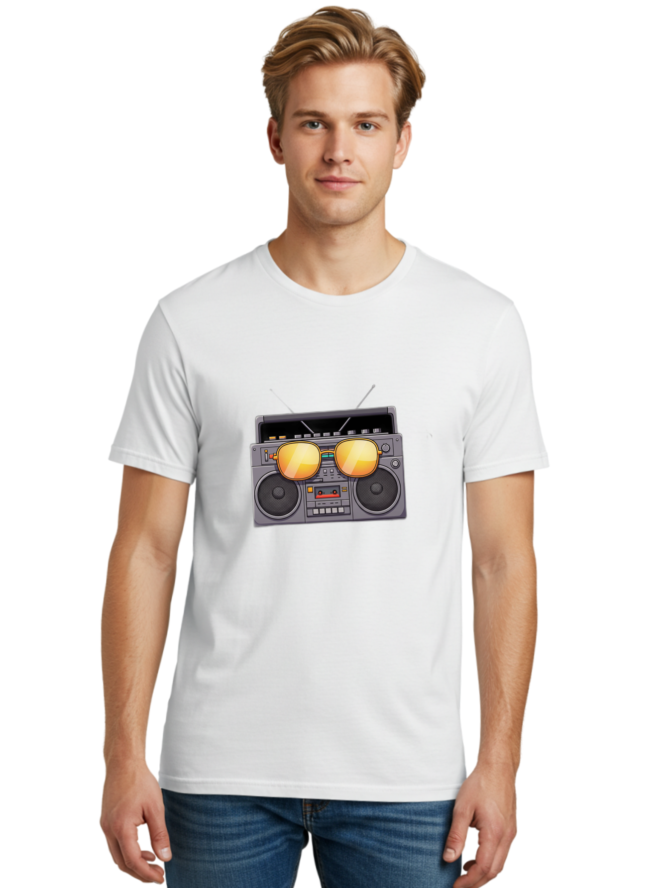 Boombox-Sunglasses Men'S Graphic Tee, 100% Cotton, Comfortable Casual Summer Wear, Machine Washable, Retro Boombox, Vintage Style, Sunglasses, Cassette Player, Old School Music, Nostalgic Vibe, Cool Accessories, Funky Graphics Baa193