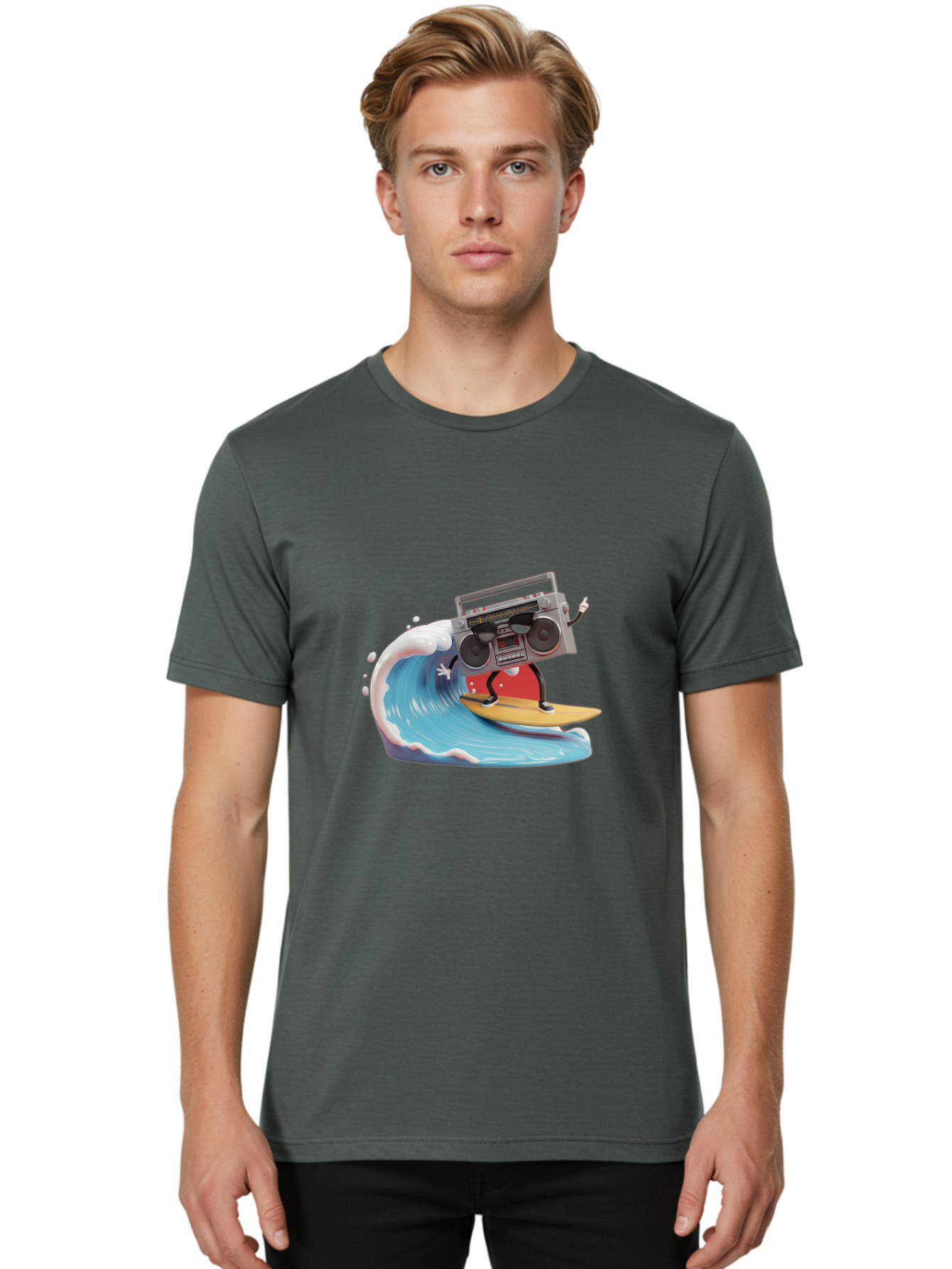 Boombox-Surfing-Wave Men'S Graphic Tee, 100% Cotton, Comfortable Casual Summer Wear, Machine Washable, Boomer Boombox Surfing, Retro Boombox, Surfing Wave, Beach Vibes, Retro Radio, Fun Summer Activity, Cool Surfboard, Radical Wave, Baa194