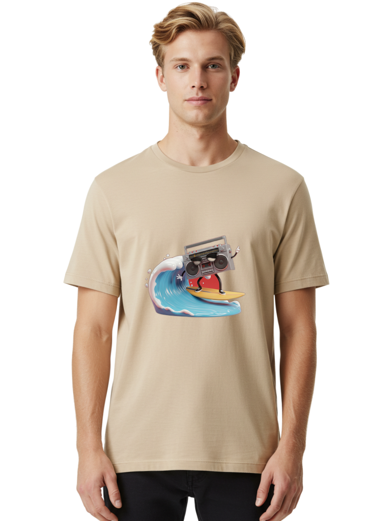 Boombox-Surfing-Wave Men'S Graphic Tee, 100% Cotton, Comfortable Casual Summer Wear, Machine Washable, Boomer Boombox Surfing, Retro Boombox, Surfing Wave, Beach Vibes, Retro Radio, Fun Summer Activity, Cool Surfboard, Radical Wave, Baa194