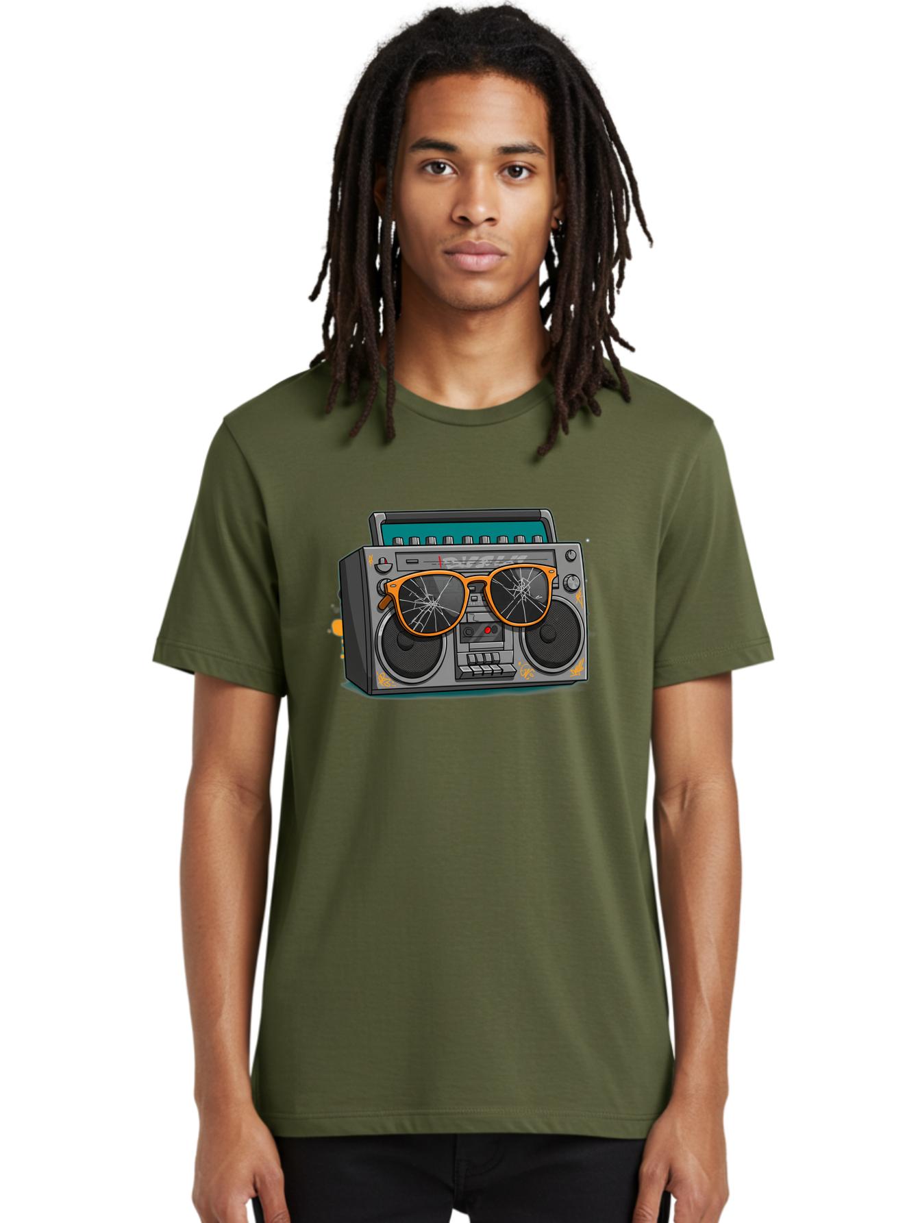 Boombox-With-Broken-Shades Men'S Graphic Tee, 100% Cotton, Comfortable Casual Summer Wear, Machine Washable, Vintage Boombox, Retro Style, Broken Sunglasses, Hip Hop Culture, Cassette Player, Audio Equipment, Old School Music, Urban Fashion, Baa195