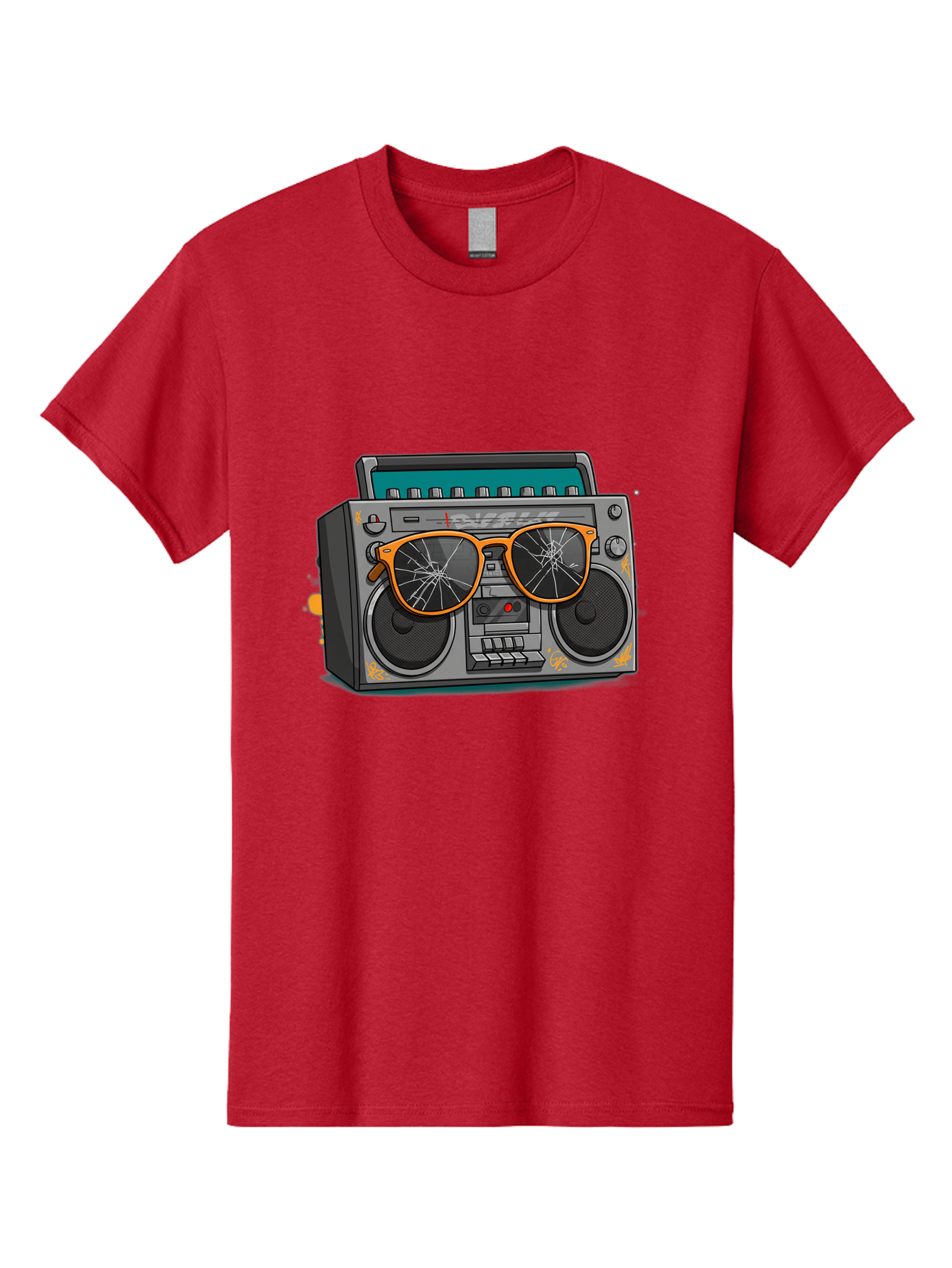 Boombox-With-Broken-Shades Men'S Graphic Tee, 100% Cotton, Comfortable Casual Summer Wear, Machine Washable, Vintage Boombox, Retro Style, Broken Sunglasses, Hip Hop Culture, Cassette Player, Audio Equipment, Old School Music, Urban Fashion, Baa195