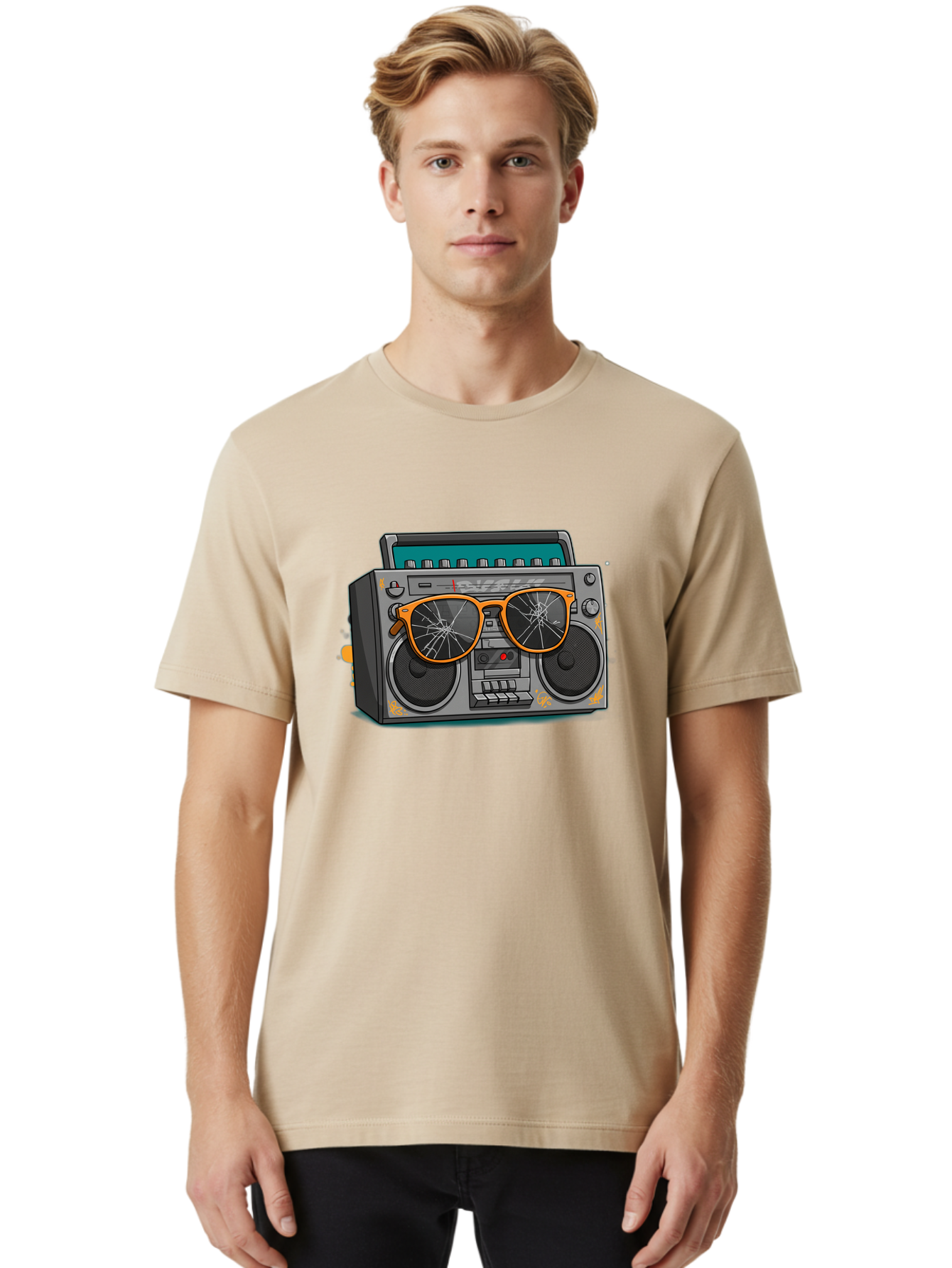 Boombox-With-Broken-Shades Men'S Graphic Tee, 100% Cotton, Comfortable Casual Summer Wear, Machine Washable, Vintage Boombox, Retro Style, Broken Sunglasses, Hip Hop Culture, Cassette Player, Audio Equipment, Old School Music, Urban Fashion, Baa195