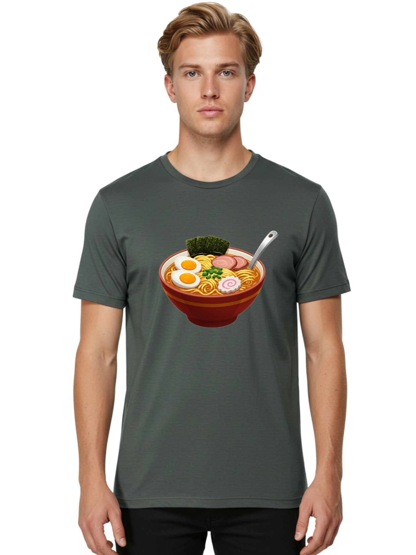 Bowl-Of-Ramen-1 Men'S Graphic Tee, 100% Cotton, Comfortable Casual Summer Wear, Machine Washable, Ramen Noodles, Japanese Cuisine, Savory Broth, Boiled Egg, Green Onions, Seaweed, Sliced Pork, Fish Cake, Silver Spoon Baa197