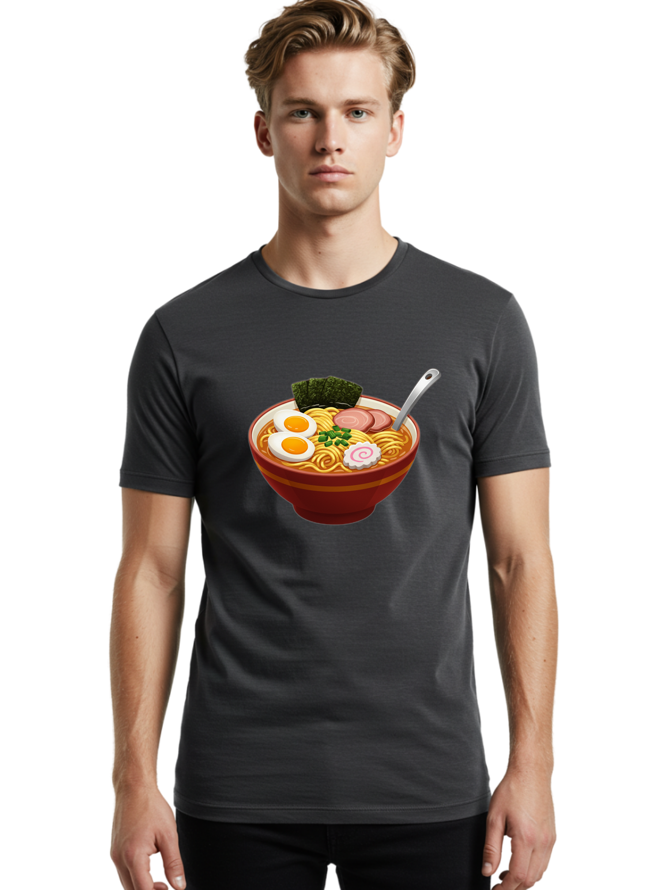 Bowl-Of-Ramen-1 Men'S Graphic Tee, 100% Cotton, Comfortable Casual Summer Wear, Machine Washable, Ramen Noodles, Japanese Cuisine, Savory Broth, Boiled Egg, Green Onions, Seaweed, Sliced Pork, Fish Cake, Silver Spoon Baa197