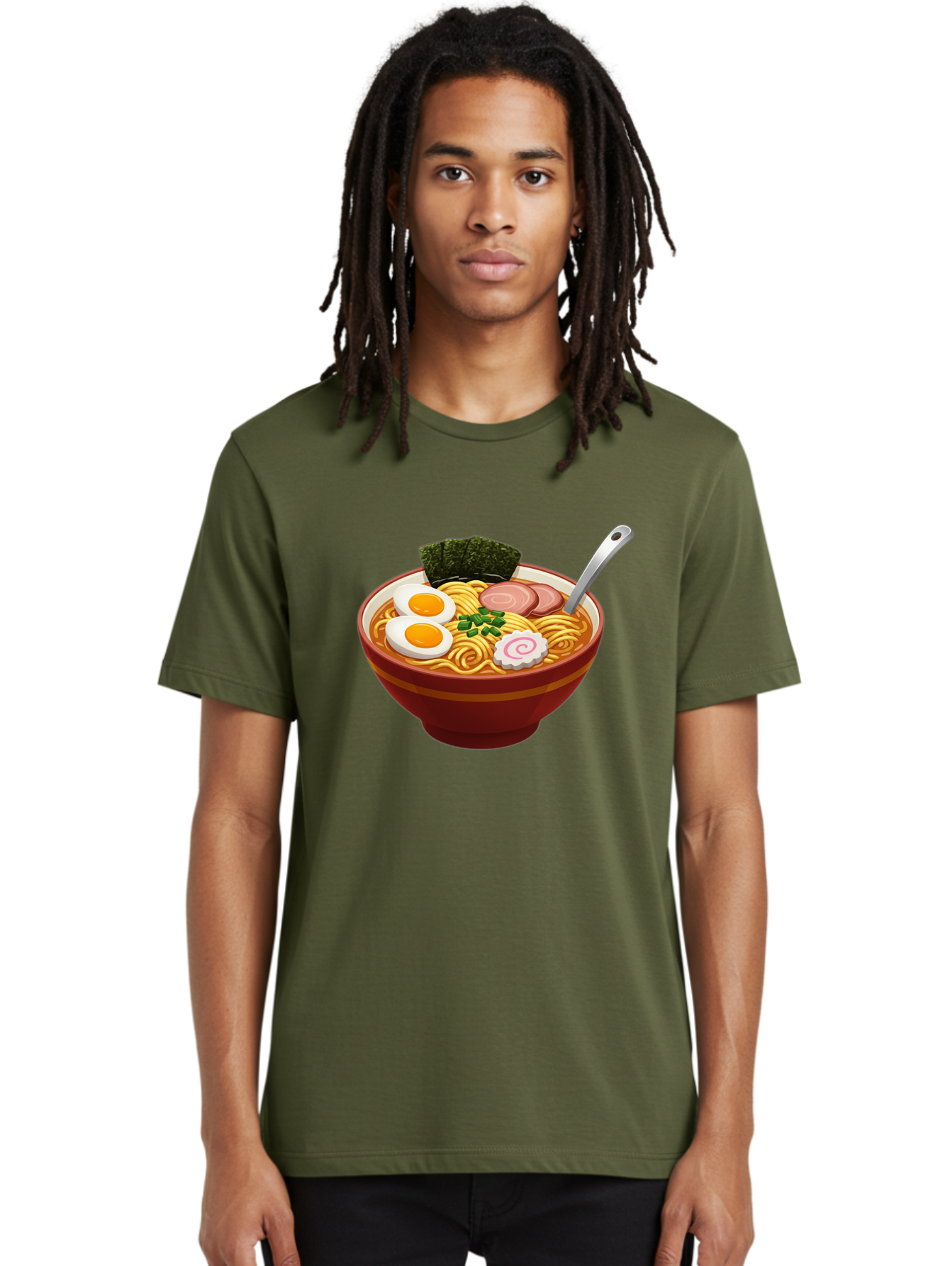 Bowl-Of-Ramen-1 Men'S Graphic Tee, 100% Cotton, Comfortable Casual Summer Wear, Machine Washable, Ramen Noodles, Japanese Cuisine, Savory Broth, Boiled Egg, Green Onions, Seaweed, Sliced Pork, Fish Cake, Silver Spoon Baa197