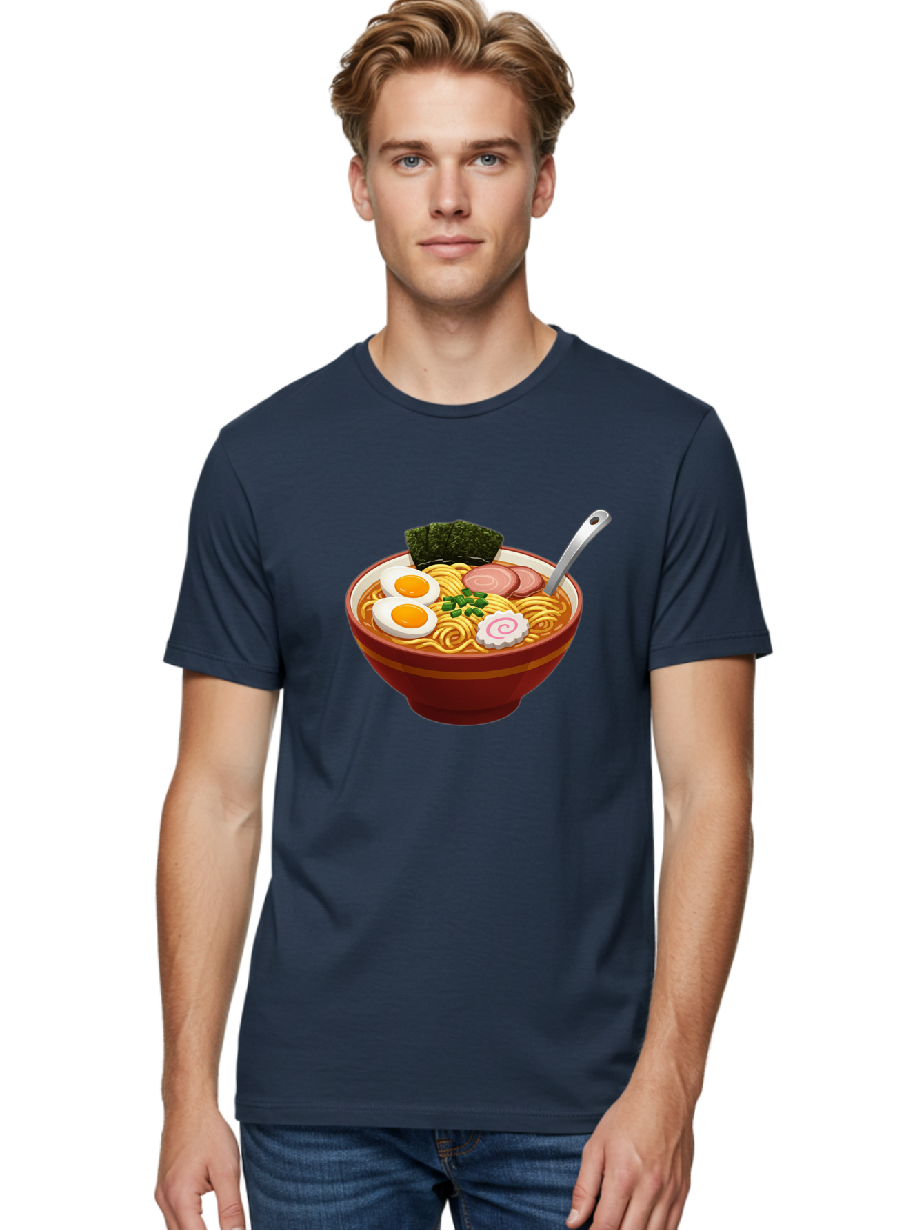 Bowl-Of-Ramen-1 Men'S Graphic Tee, 100% Cotton, Comfortable Casual Summer Wear, Machine Washable, Ramen Noodles, Japanese Cuisine, Savory Broth, Boiled Egg, Green Onions, Seaweed, Sliced Pork, Fish Cake, Silver Spoon Baa197