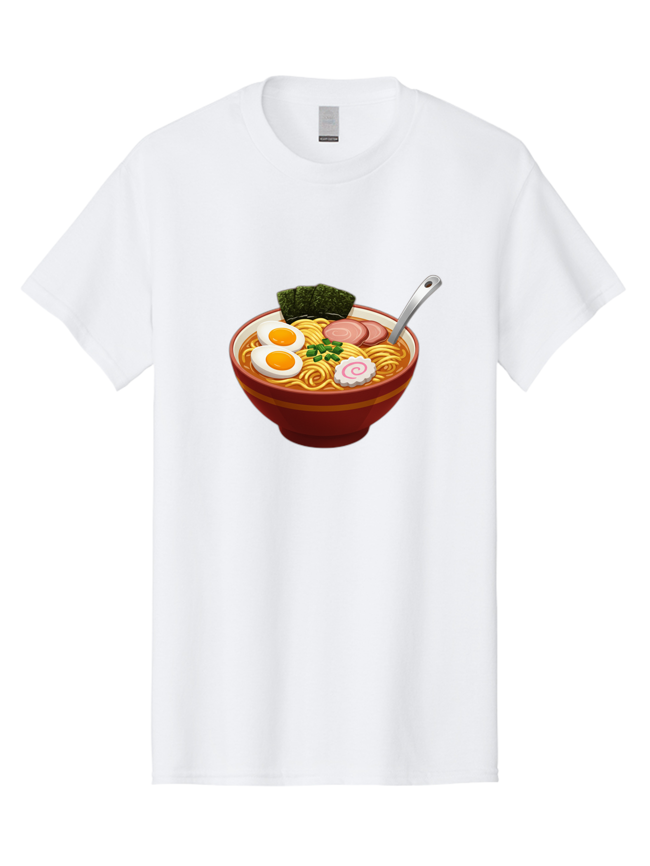 Bowl-Of-Ramen-1 Men'S Graphic Tee, 100% Cotton, Comfortable Casual Summer Wear, Machine Washable, Ramen Noodles, Japanese Cuisine, Savory Broth, Boiled Egg, Green Onions, Seaweed, Sliced Pork, Fish Cake, Silver Spoon Baa197