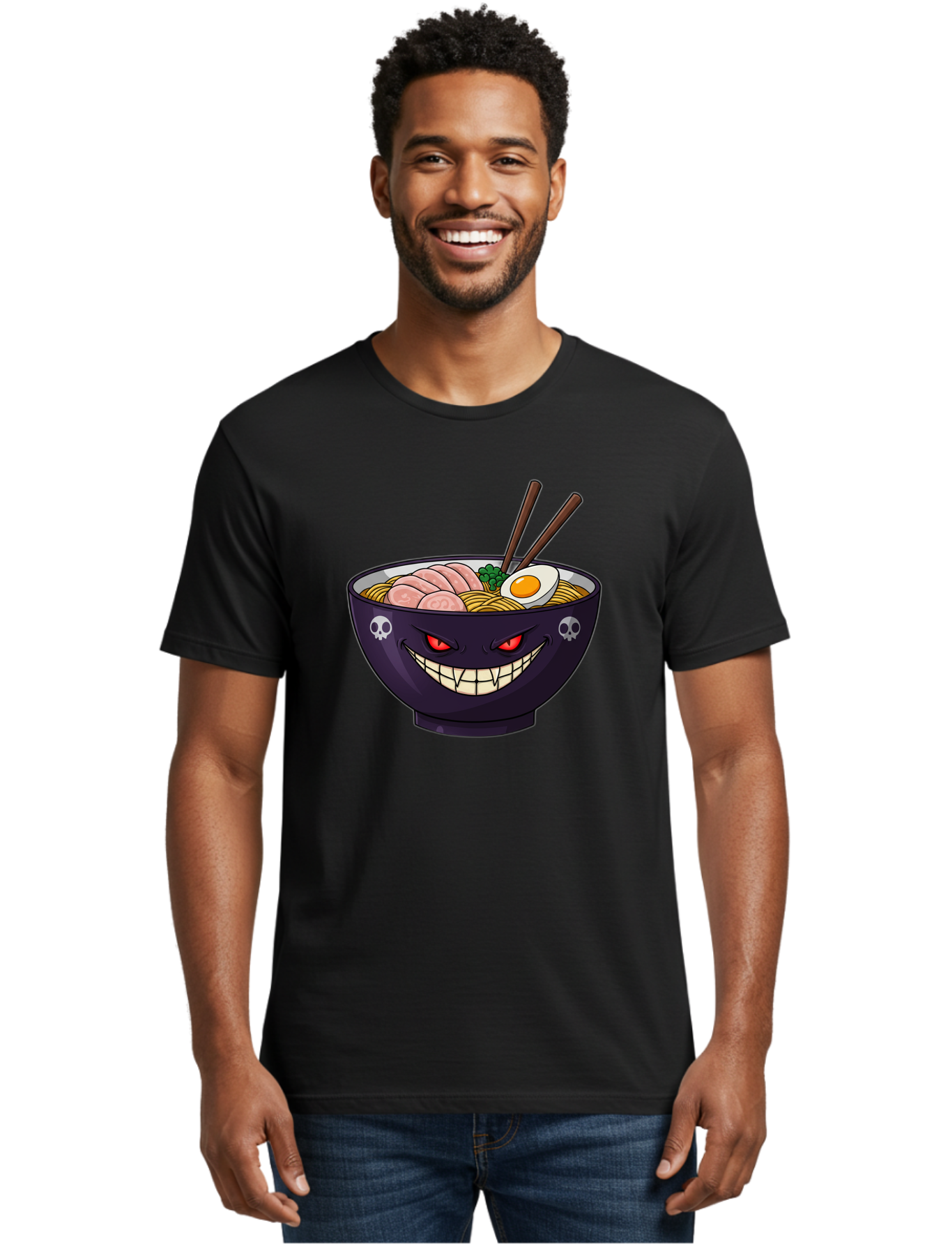 Bowl-Of-Ramen Men'S Graphic Tee, 100% Cotton, Comfortable Casual Summer Wear, Machine Washable, Gengar Character, Ramen Bowl, Cartoon, Noodles, Sliced Ham, Egg, Chopsticks, Anime Style, Pokémon, Skulls, Menacing Grin, Japanese Cuisine, Baa200