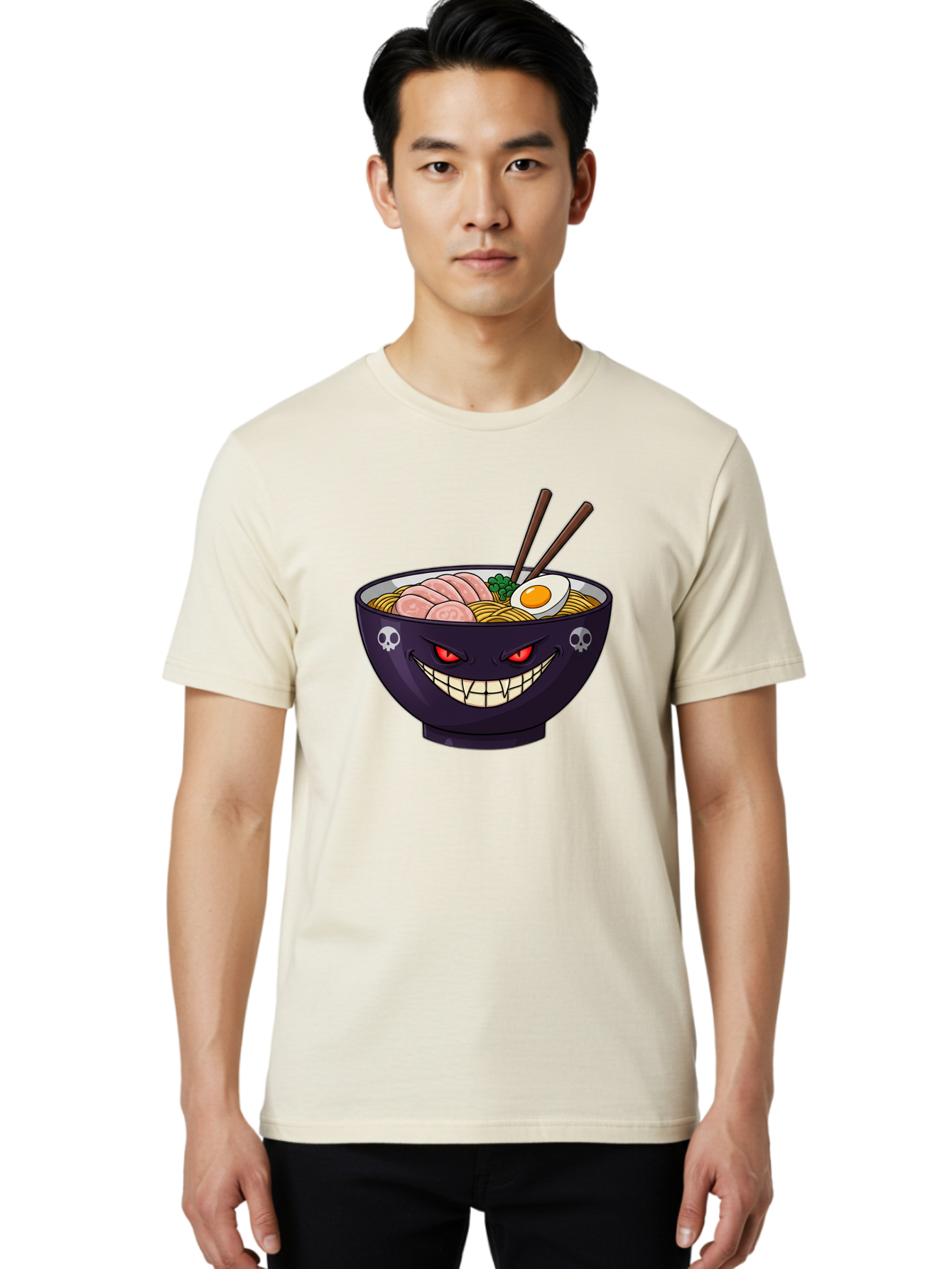 Bowl-Of-Ramen Men'S Graphic Tee, 100% Cotton, Comfortable Casual Summer Wear, Machine Washable, Gengar Character, Ramen Bowl, Cartoon, Noodles, Sliced Ham, Egg, Chopsticks, Anime Style, Pokémon, Skulls, Menacing Grin, Japanese Cuisine, Baa200