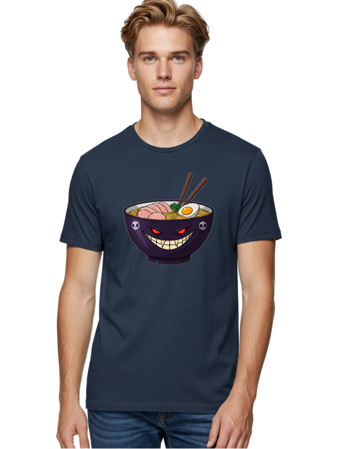 Bowl-Of-Ramen Men'S Graphic Tee, 100% Cotton, Comfortable Casual Summer Wear, Machine Washable, Gengar Character, Ramen Bowl, Cartoon, Noodles, Sliced Ham, Egg, Chopsticks, Anime Style, Pokémon, Skulls, Menacing Grin, Japanese Cuisine, Baa200