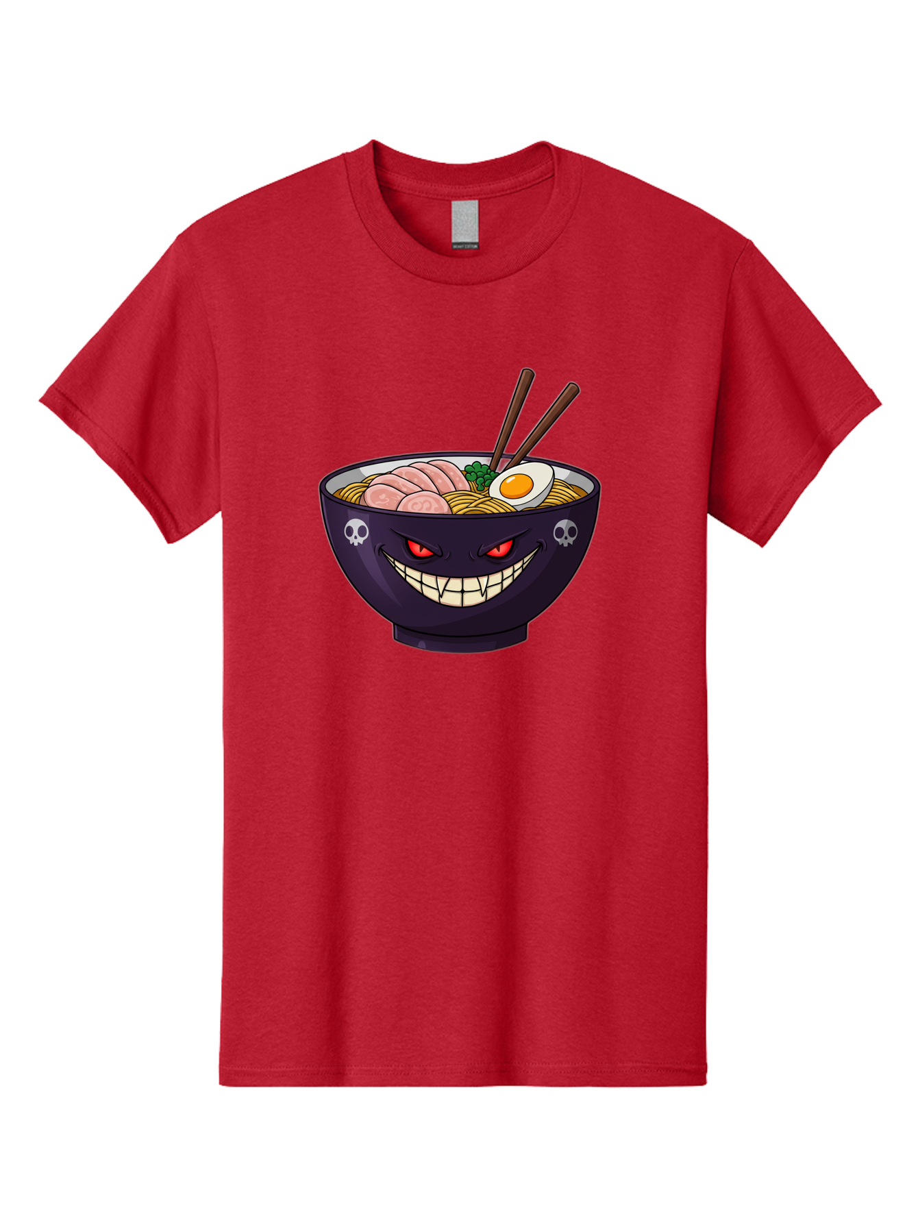 Bowl-Of-Ramen Men'S Graphic Tee, 100% Cotton, Comfortable Casual Summer Wear, Machine Washable, Gengar Character, Ramen Bowl, Cartoon, Noodles, Sliced Ham, Egg, Chopsticks, Anime Style, Pokémon, Skulls, Menacing Grin, Japanese Cuisine, Baa200
