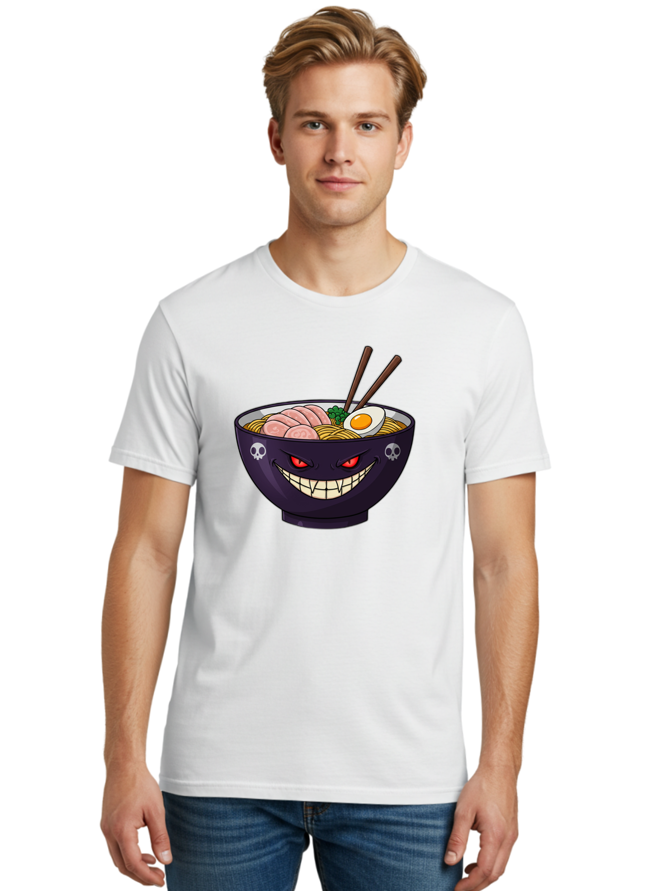 Bowl-Of-Ramen Men'S Graphic Tee, 100% Cotton, Comfortable Casual Summer Wear, Machine Washable, Gengar Character, Ramen Bowl, Cartoon, Noodles, Sliced Ham, Egg, Chopsticks, Anime Style, Pokémon, Skulls, Menacing Grin, Japanese Cuisine, Baa200