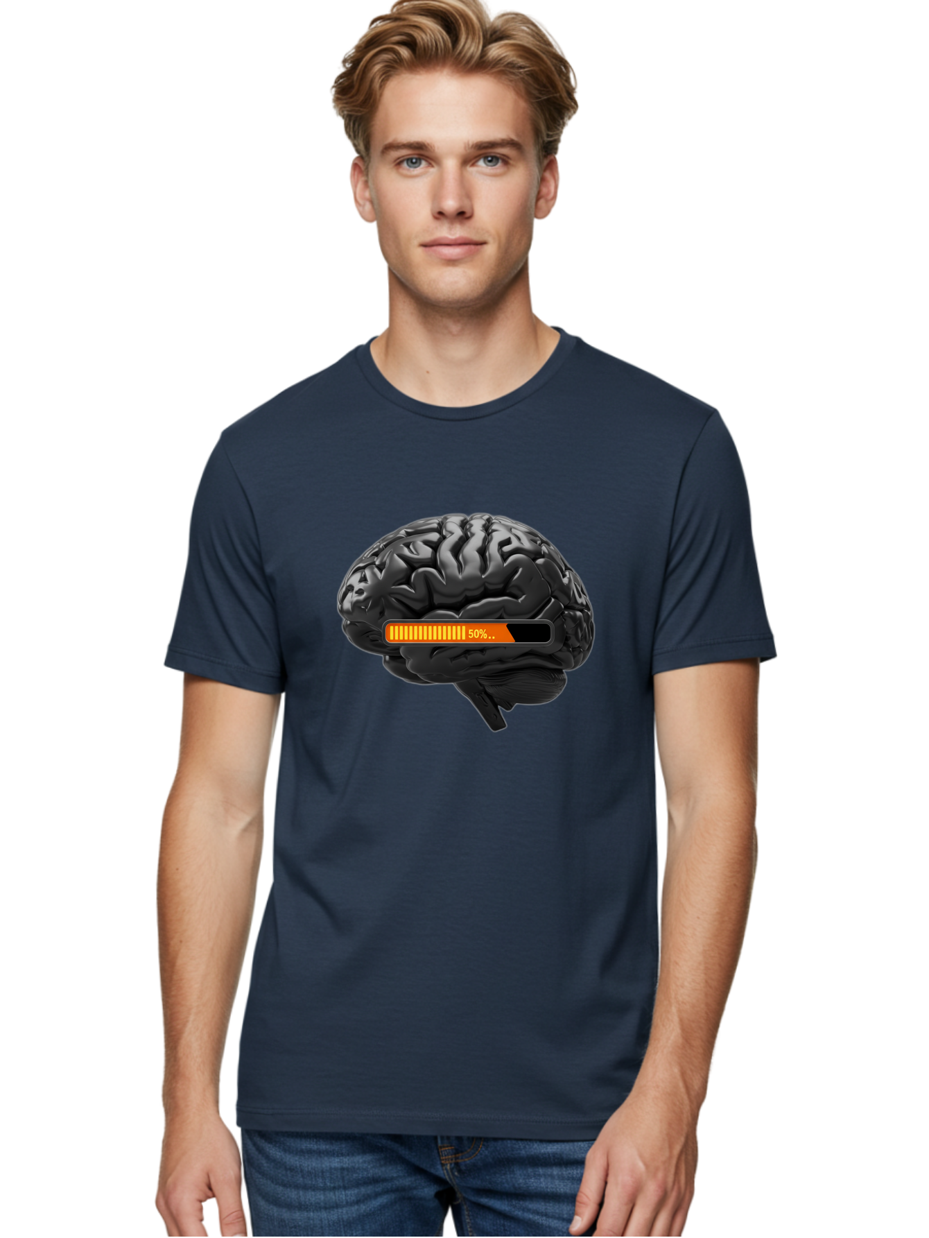Brain-50 Men'S Graphic Tee, 100% Cotton, Comfortable Casual Summer Wear, Machine Washable, Human Brain, 50% Charged, Battery Icon, Progress Bar, Cognitive Function, Mental Capacity, Intelligence, Knowledge Baa202