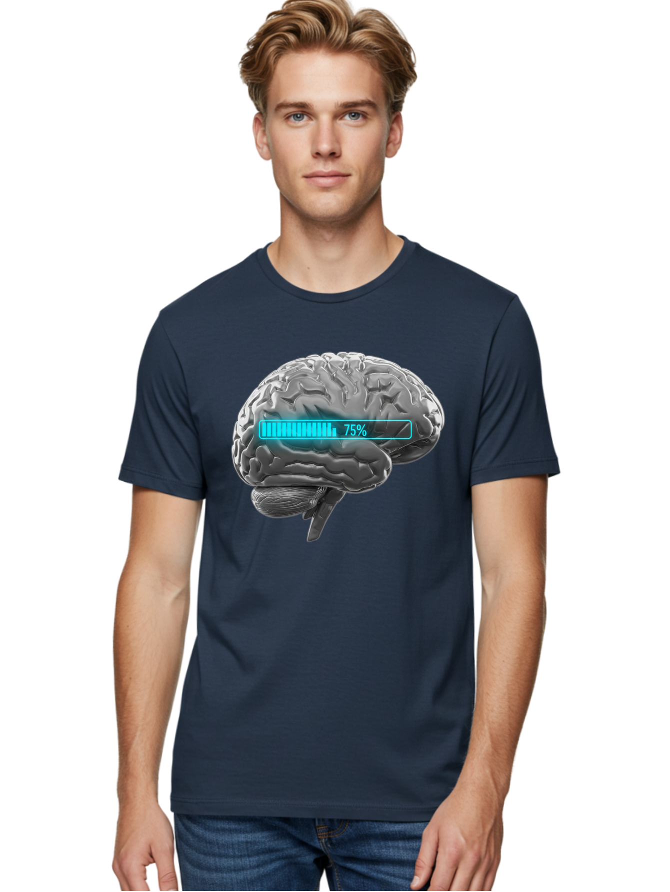 Brain-75 Men'S Graphic Tee, 100% Cotton, Comfortable Casual Summer Wear, Machine Washable, Human Brain, Cognitive Function, Mental Capacity, Brain Activity, Neurological Health, Mental Performance, 75% Battery, Brain Power Baa203