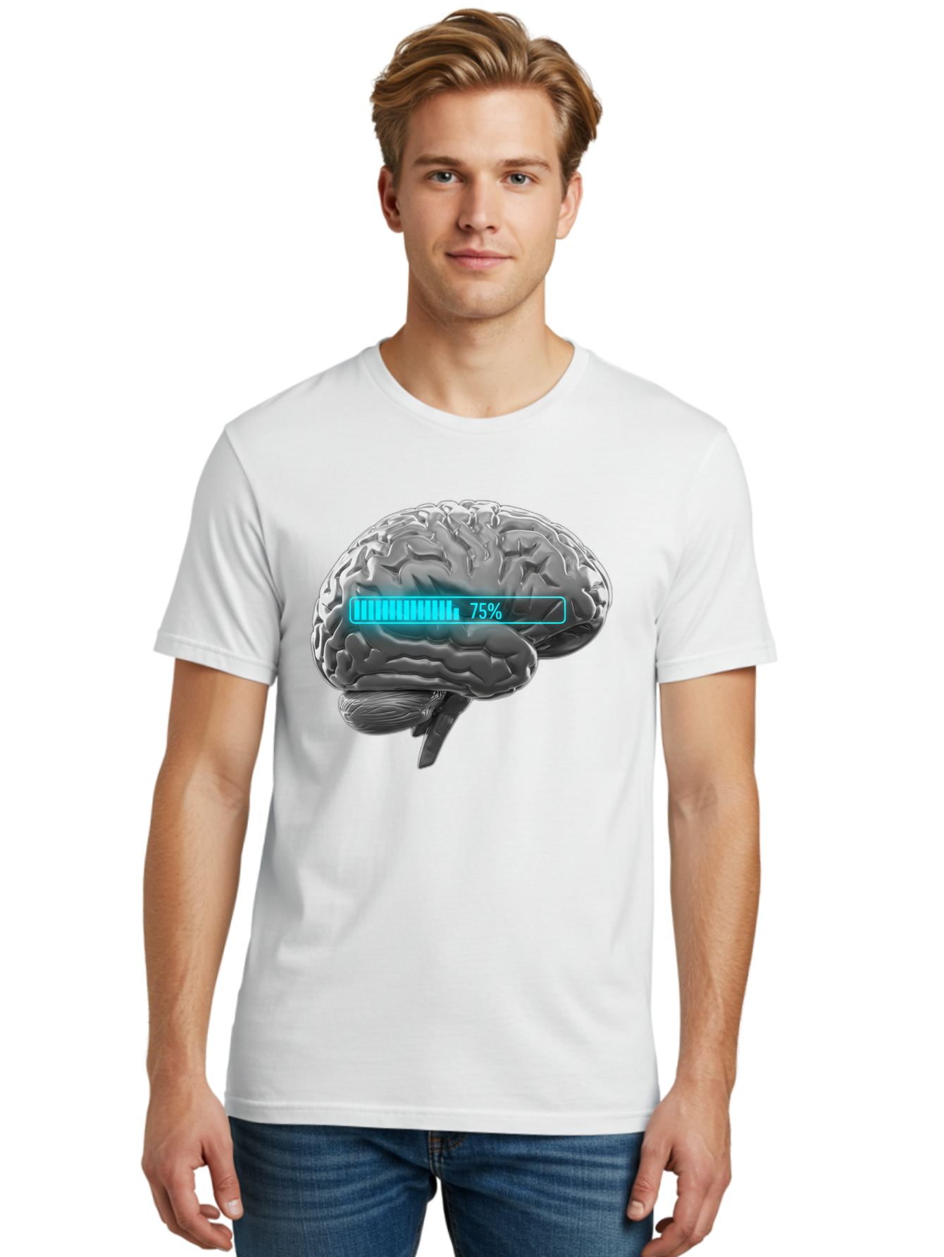 Brain-75 Men'S Graphic Tee, 100% Cotton, Comfortable Casual Summer Wear, Machine Washable, Human Brain, Cognitive Function, Mental Capacity, Brain Activity, Neurological Health, Mental Performance, 75% Battery, Brain Power Baa203
