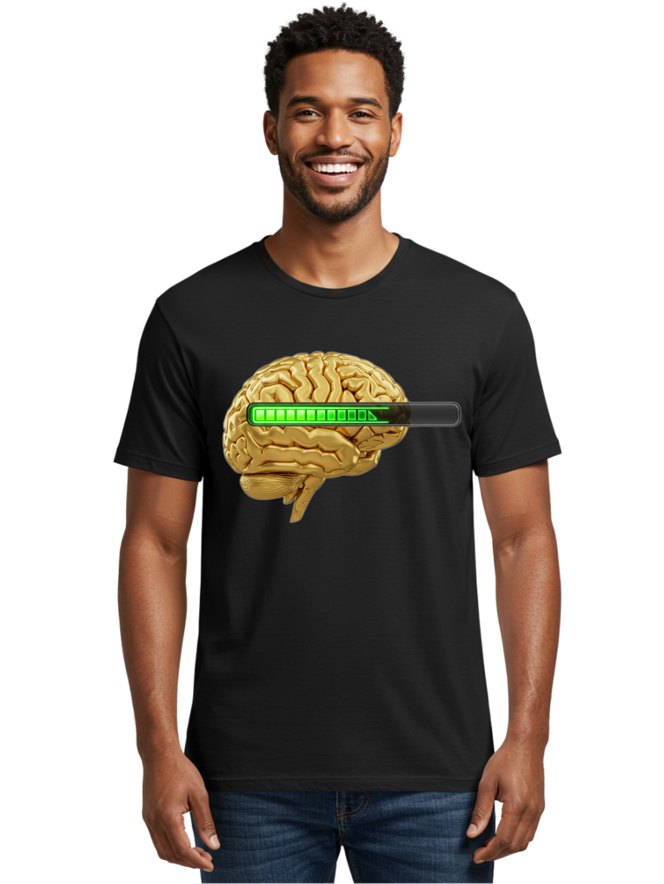 Brain-Battery Men'S Graphic Tee, 100% Cotton, Comfortable Casual Summer Wear, Machine Washable, Human Brain, Charging Battery, Digital Illustration, Green Battery Bar, Cognitive Enhancement, Brain Power, Neuroscience, Futuristic Concept, Baa204
