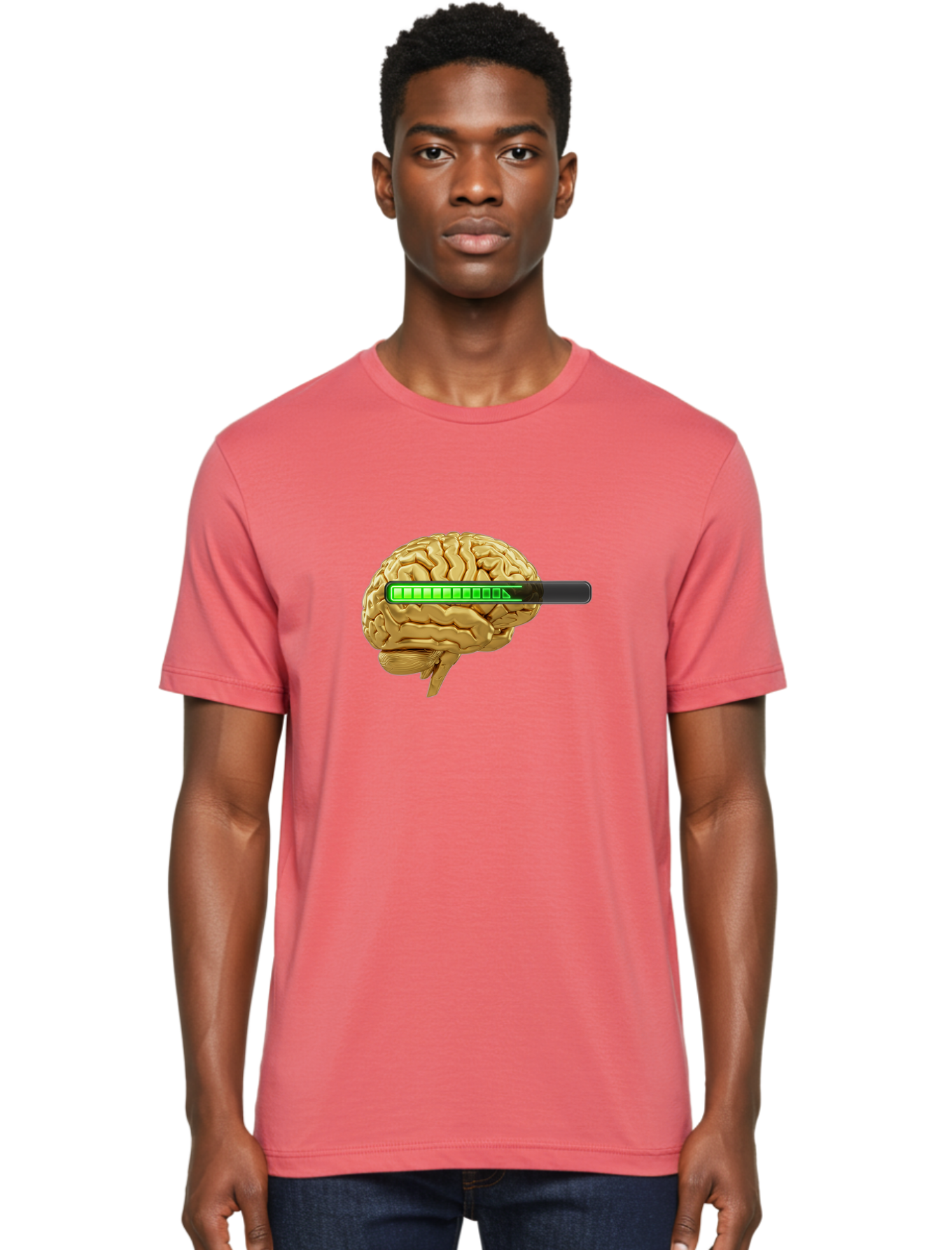 Brain-Battery Men'S Graphic Tee, 100% Cotton, Comfortable Casual Summer Wear, Machine Washable, Human Brain, Charging Battery, Digital Illustration, Green Battery Bar, Cognitive Enhancement, Brain Power, Neuroscience, Futuristic Concept, Baa204