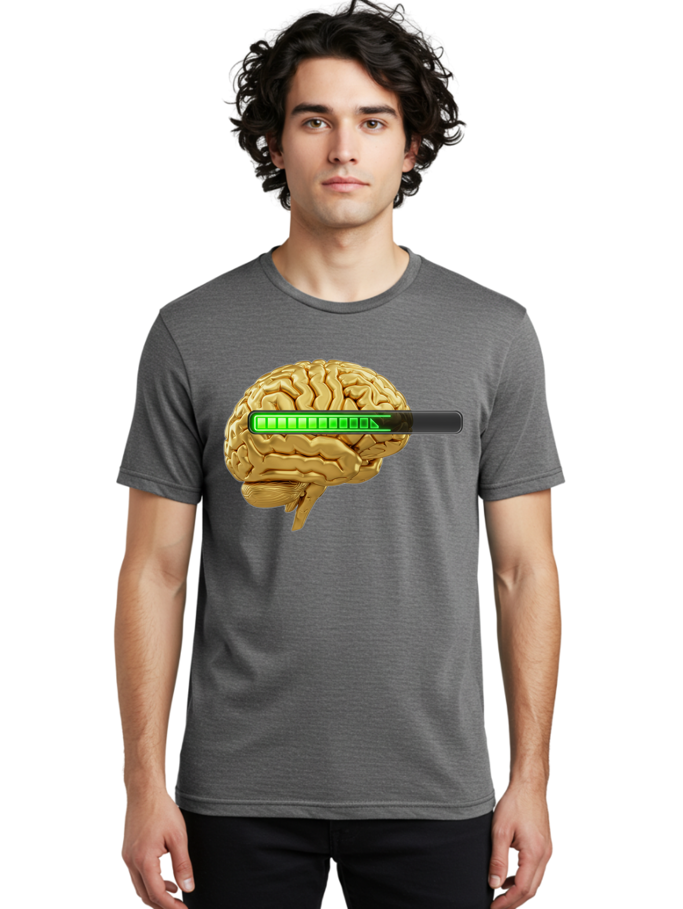 Brain-Battery Men'S Graphic Tee, 100% Cotton, Comfortable Casual Summer Wear, Machine Washable, Human Brain, Charging Battery, Digital Illustration, Green Battery Bar, Cognitive Enhancement, Brain Power, Neuroscience, Futuristic Concept, Baa204