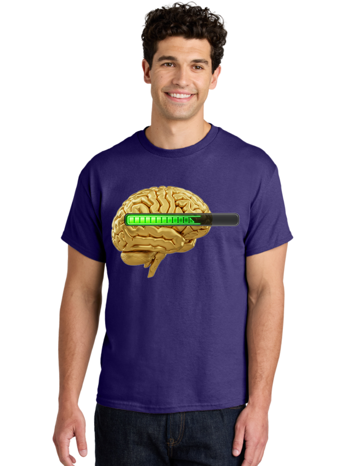 Brain-Battery Men'S Graphic Tee, 100% Cotton, Comfortable Casual Summer Wear, Machine Washable, Human Brain, Charging Battery, Digital Illustration, Green Battery Bar, Cognitive Enhancement, Brain Power, Neuroscience, Futuristic Concept, Baa204