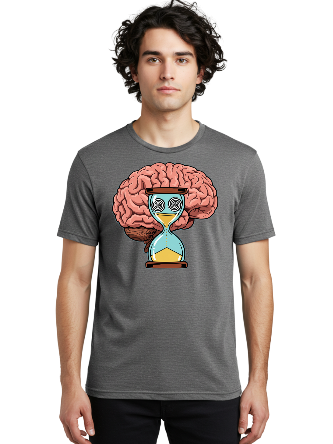 Brain-Hourglass Men'S Graphic Tee, 100% Cotton, Comfortable Casual Summer Wear, Machine Washable, Hourglass With Brain, Time Management, Productivity, Cognitive Function, Mental Clarity, Spiral Eyes, Sand Timer, Creative Thinking Baa208