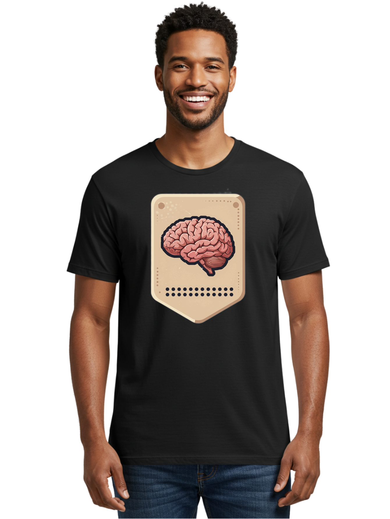 Brain-Icon-1 Men'S Graphic Tee, 100% Cotton, Comfortable Casual Summer Wear, Machine Washable, Human Brain Illustration, Pinkish-Red Brain, Black Outline, Beige Background, Perforated Edge, Small Holes, Brain Anatomy, Cognitive Function, Baa209
