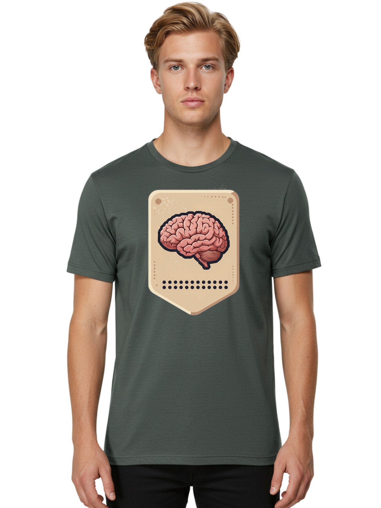 Brain-Icon-1 Men'S Graphic Tee, 100% Cotton, Comfortable Casual Summer Wear, Machine Washable, Human Brain Illustration, Pinkish-Red Brain, Black Outline, Beige Background, Perforated Edge, Small Holes, Brain Anatomy, Cognitive Function, Baa209