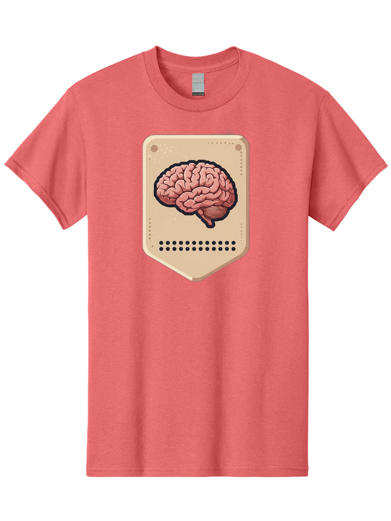 Brain-Icon-1 Men'S Graphic Tee, 100% Cotton, Comfortable Casual Summer Wear, Machine Washable, Human Brain Illustration, Pinkish-Red Brain, Black Outline, Beige Background, Perforated Edge, Small Holes, Brain Anatomy, Cognitive Function, Baa209