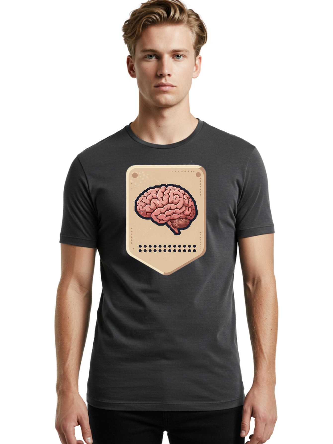 Brain-Icon-1 Men'S Graphic Tee, 100% Cotton, Comfortable Casual Summer Wear, Machine Washable, Human Brain Illustration, Pinkish-Red Brain, Black Outline, Beige Background, Perforated Edge, Small Holes, Brain Anatomy, Cognitive Function, Baa209